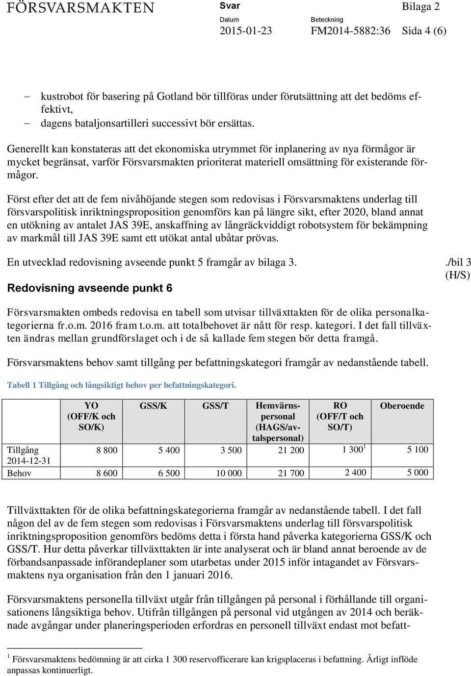 Först efter det att de fem nivåhöjande stegen som redovisas i Försvarsmaktens underlag till försvarspolitisk inriktningsproposition genomförs kan på längre sikt, efter 2020, bland annat en utökning