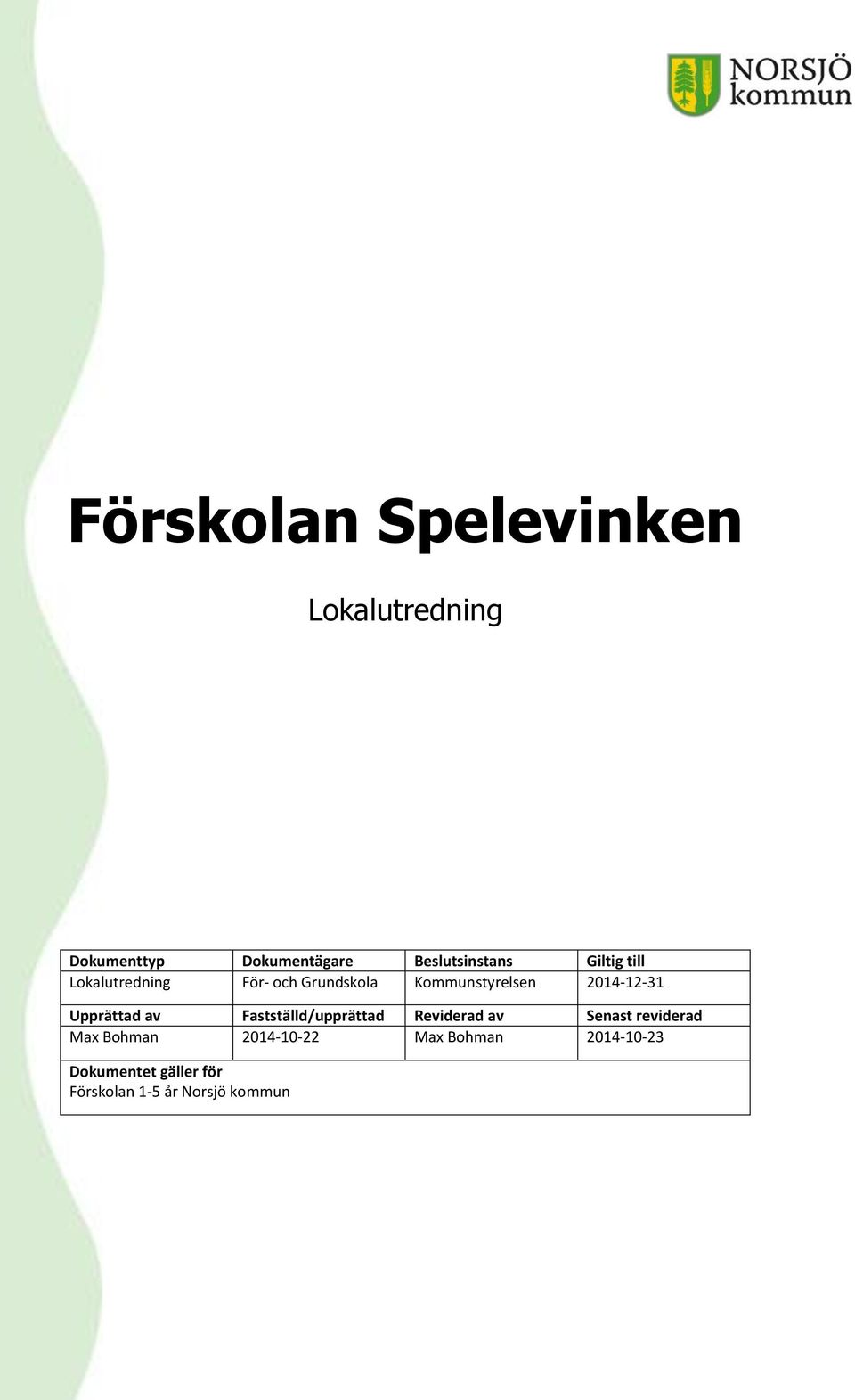 Upprättad av Fastställd/upprättad Reviderad av Senast reviderad Max Bohman