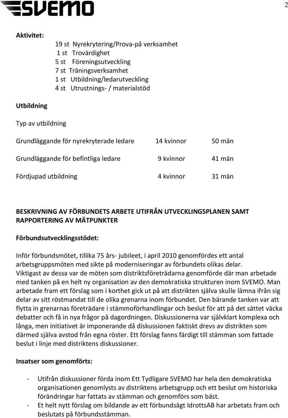 UTIFRÅN UTVECKLINGSPLANEN SAMT RAPPORTERING AV MÄTPUNKTER Förbundsutvecklingsstödet: Inför förbundsmötet, tillika 75 års- jubileet, i april 2010 genomfördes ett antal arbetsgruppsmöten med sikte på