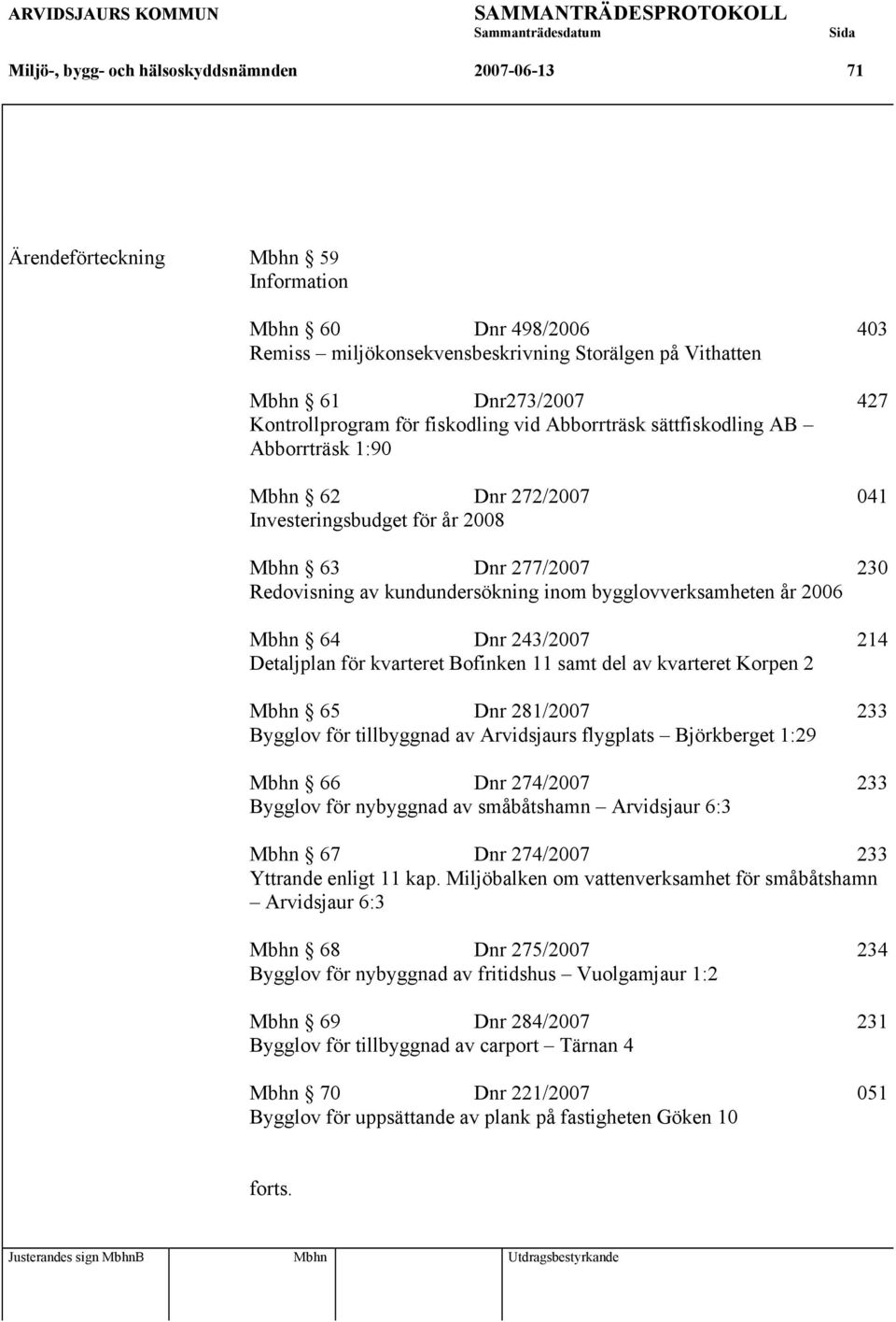 bygglovverksamheten år 2006 Mbhn 64 Dnr 243/2007 214 Detaljplan för kvarteret Bofinken 11 samt del av kvarteret Korpen 2 Mbhn 65 Dnr 281/2007 233 Bygglov för tillbyggnad av Arvidsjaurs flygplats