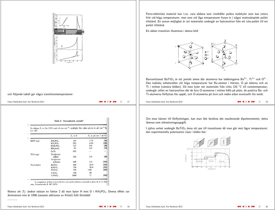 En sådan transition illustreras i denna bild: och följande tabell ger några transitionstemperaturer: Fasta tillståndets fysik, Kai Nordlund 202 7 Bariumtitanat BaTiO 3 är ett joniskt ämne där