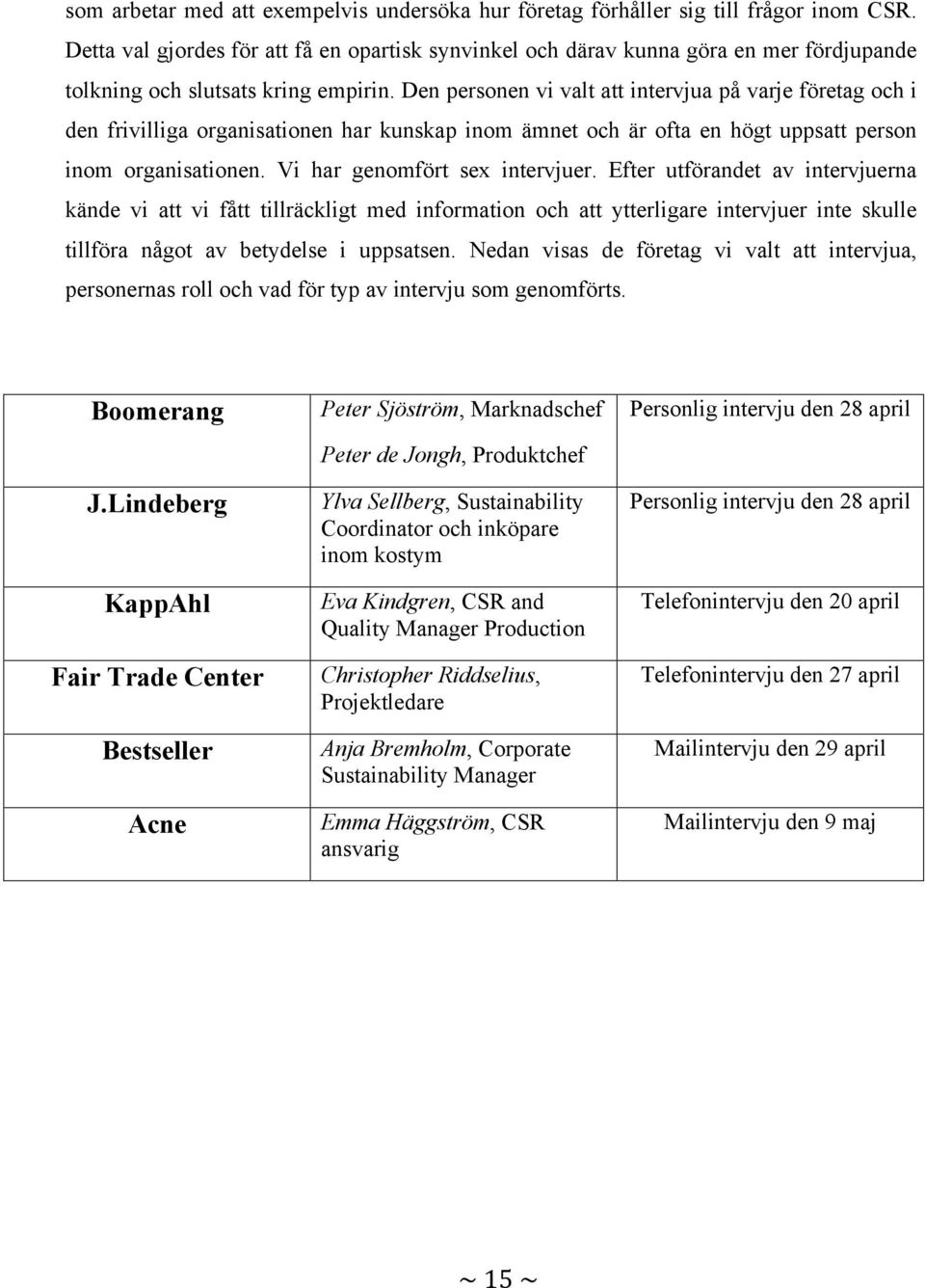 Den personen vi valt att intervjua på varje företag och i den frivilliga organisationen har kunskap inom ämnet och är ofta en högt uppsatt person inom organisationen. Vi har genomfört sex intervjuer.