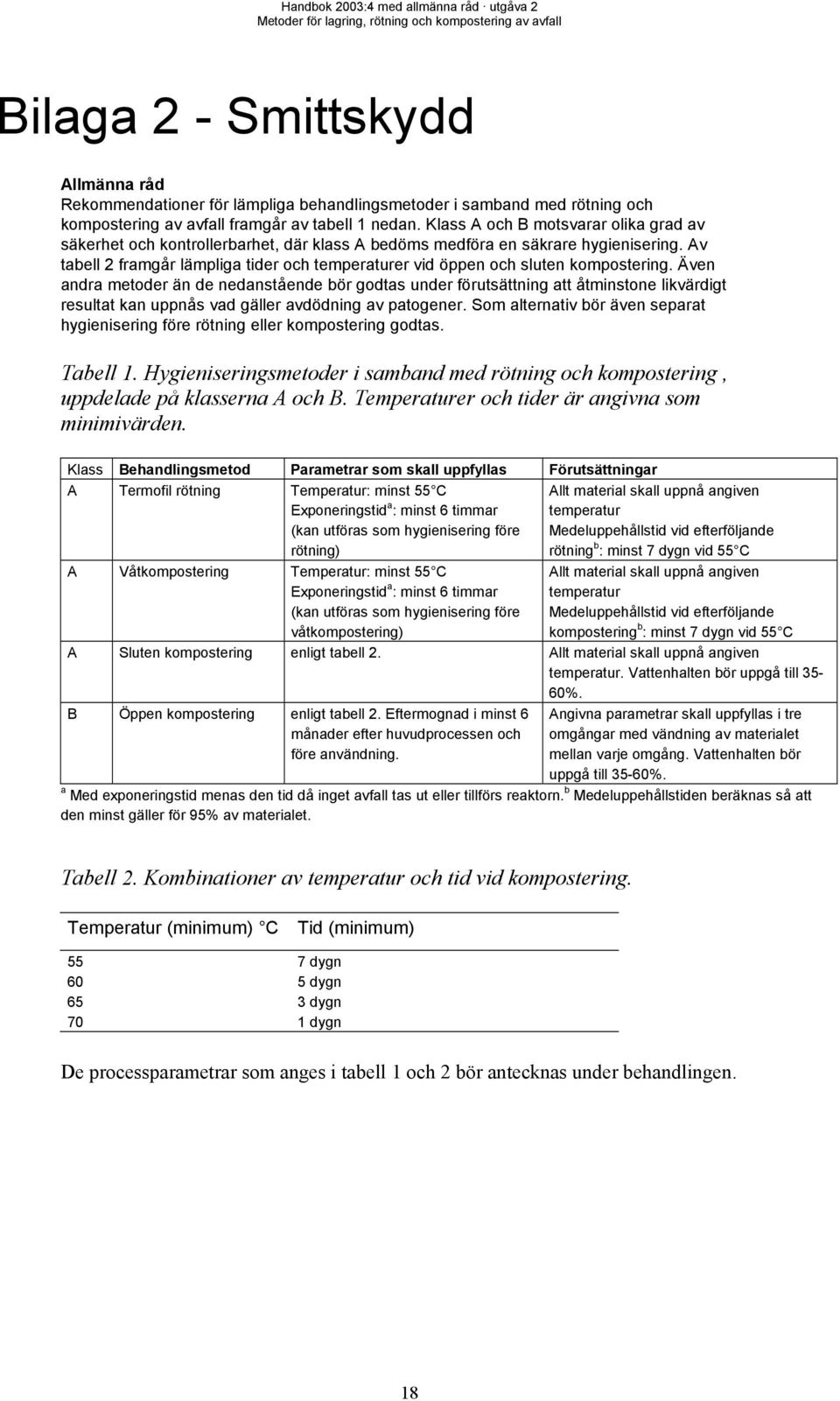 Av tabell 2 framgår lämpliga tider och temperaturer vid öppen och sluten kompostering.