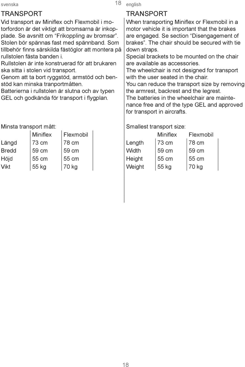 Genom att ta bort ryggstöd, armstöd och benstöd kan minska tranportmåtten. Batterierna i rullstolen är slutna och av typen GEL och godkända för transport i fl ygplan.