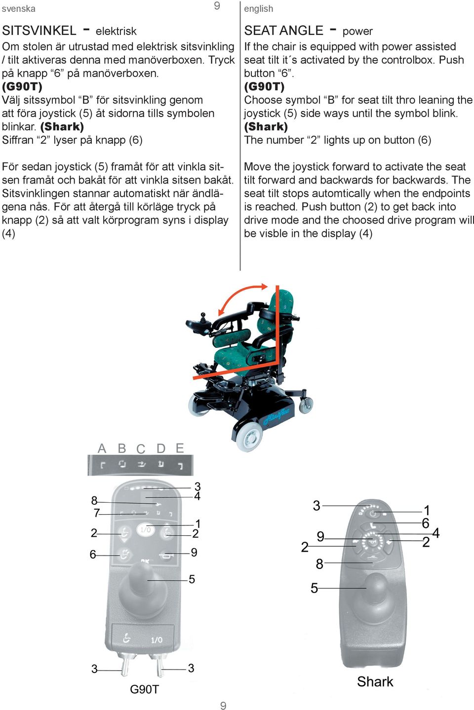 (Shark) Siffran 2 lyser på knapp (6) För sedan joystick (5) framåt för att vinkla sitsen framåt och bakåt för att vinkla sitsen bakåt. Sitsvinklingen stannar automatiskt när ändlägena nås.