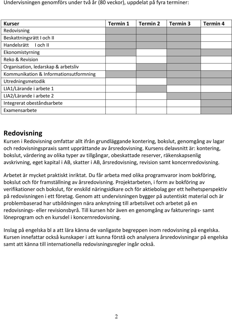 Redovisning Kursen i Redovisning omfattar allt ifrån grundläggande kontering, bokslut, genomgång av lagar och redovisningspraxis samt upprättande av årsredovisning.