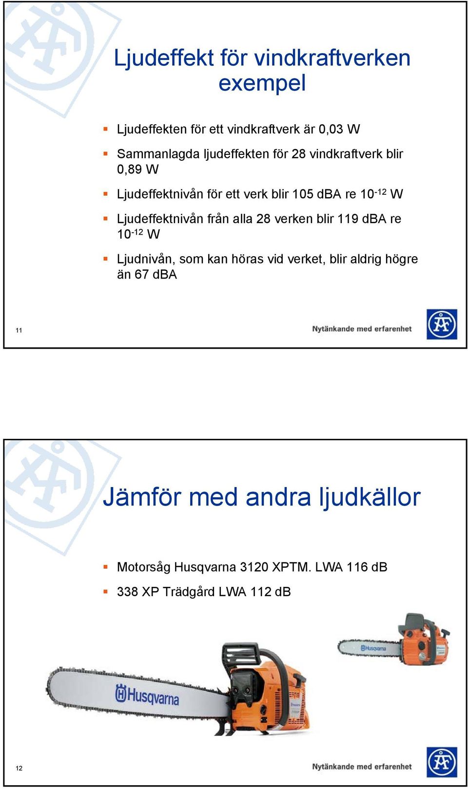 Ljudeffektnivån från alla 28 verken blir 119 dba re 10-12 W Ljudnivån, som kan höras vid verket, blir