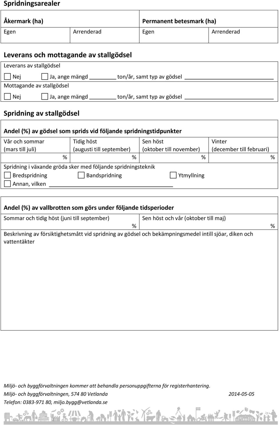 till september) en höst (oktober till november) pridning i växande gröda sker med följande spridningsteknik Bredspridning Bandspridning Annan, vilken Vinter (december till februari) Ytmyllning Andel