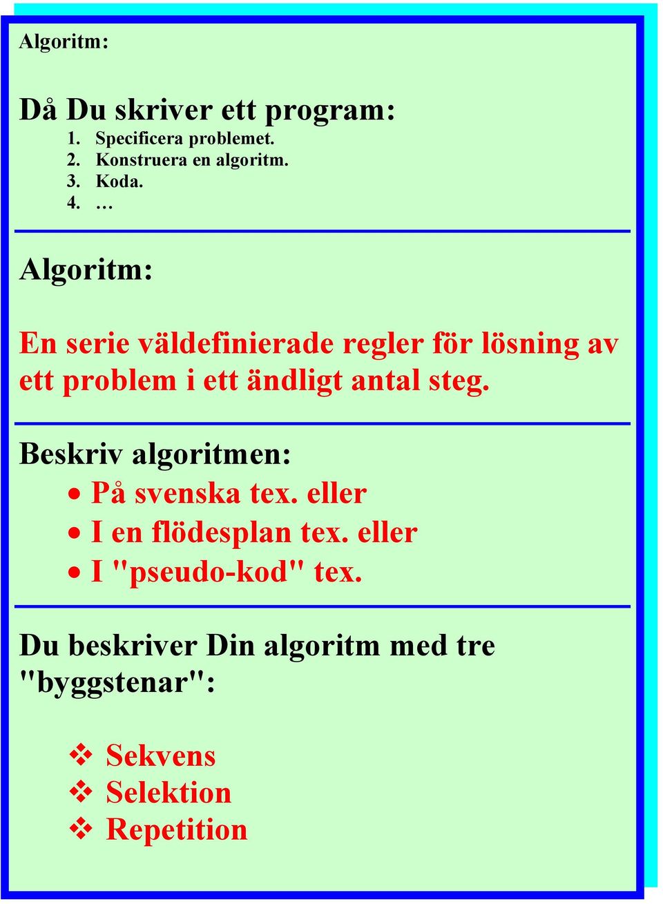 Algoritm: En serie väldefinierade regler för lösning av ett problem i ett ändligt antal