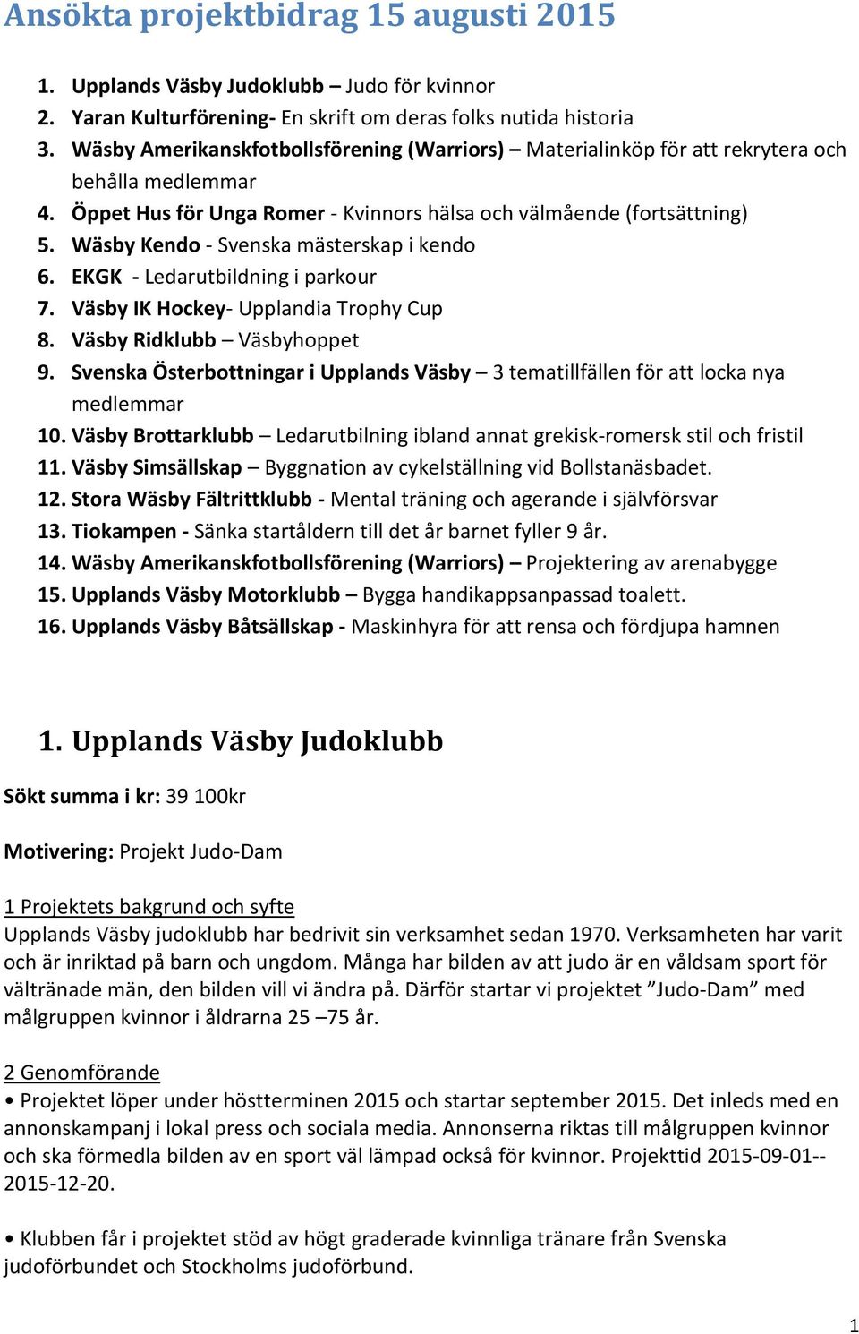 Wäsby Kendo - Svenska mästerskap i kendo 6. EKGK - Ledarutbildning i parkour 7. Väsby IK Hockey- Upplandia Trophy Cup 8. Väsby Ridklubb Väsbyhoppet 9.