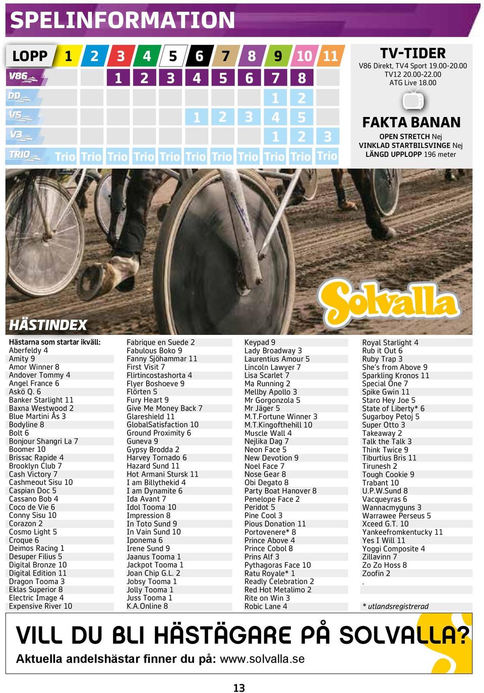 00 FAKTA BANAN OPEN STRETCH Nej VINKLAD STARTBILSVINGE Nej LÄNGD UPPLOPP 196 meter HÄSTINDEX Hästarna som startar ikväll: Aberfeldy 4 Amity 9 Amor Winner 8 Andover Tommy 4 Angel France 6 Askö Q.