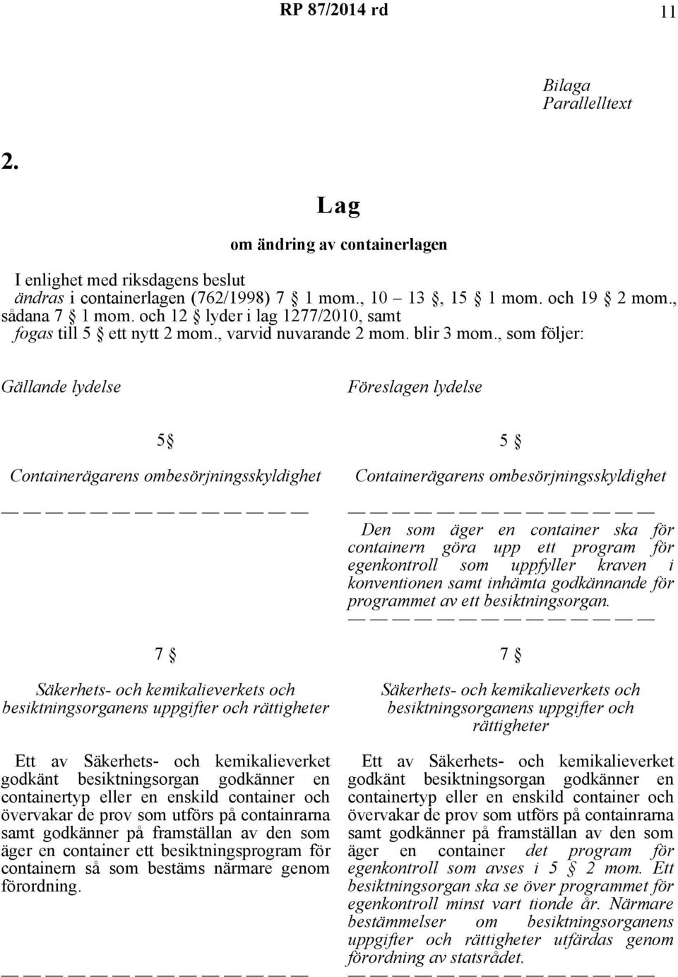 , som följer: Gällande lydelse Föreslagen lydelse 5 Containerägarens ombesörjningsskyldighet 7 Säkerhets- och kemikalieverkets och besiktningsorganens uppgifter och rättigheter Ett av Säkerhets- och