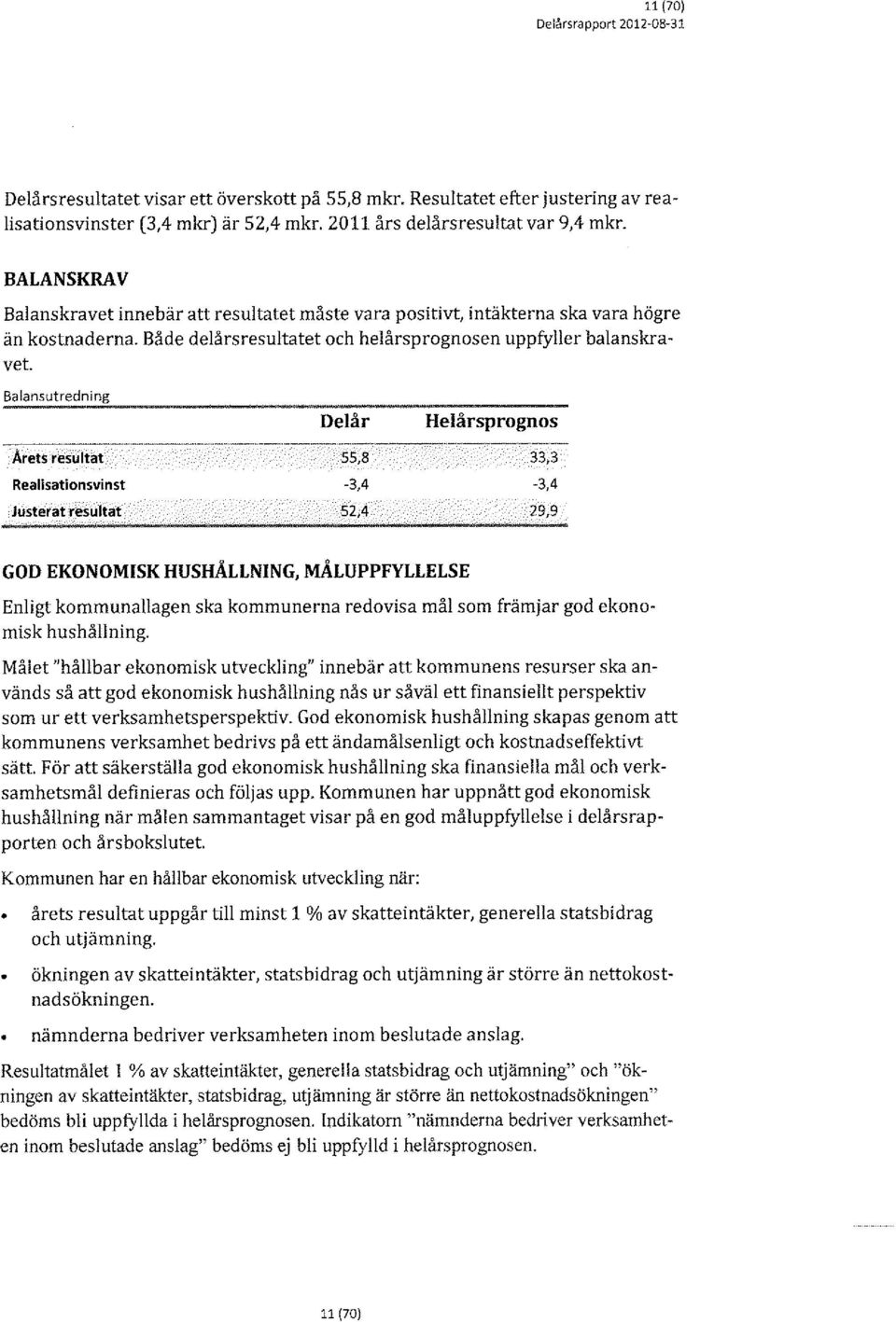 Balansutredning resultat Realisationsvinst Justerat resultat Delår 55,8-3,4 52,4 Helårsprognos 33,3-3,4 29,9 GD EKNMISK HUSHÅLLNING, MÅLUPPFYLLELSE Enligt kommunallagen ska kommunerna redovisa mål