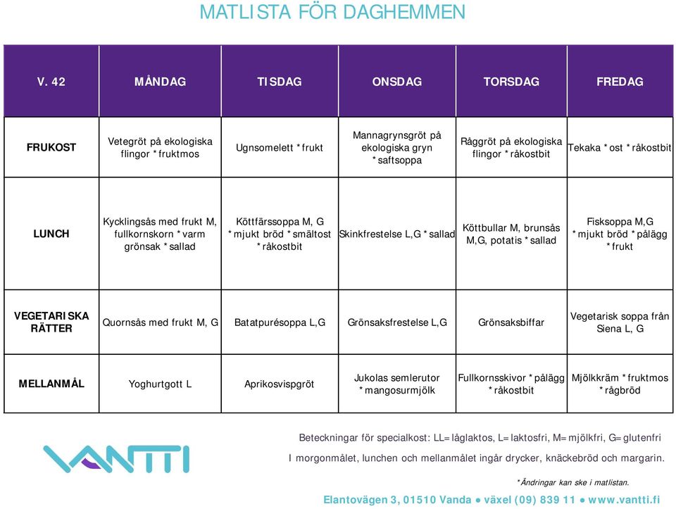Köttbullar M, brunsås M,G, potatis Fisksoppa M,G *mjukt bröd *pålägg *frukt Quornsås med frukt M, G Batatpurésoppa L,G Grönsaksfrestelse L,G