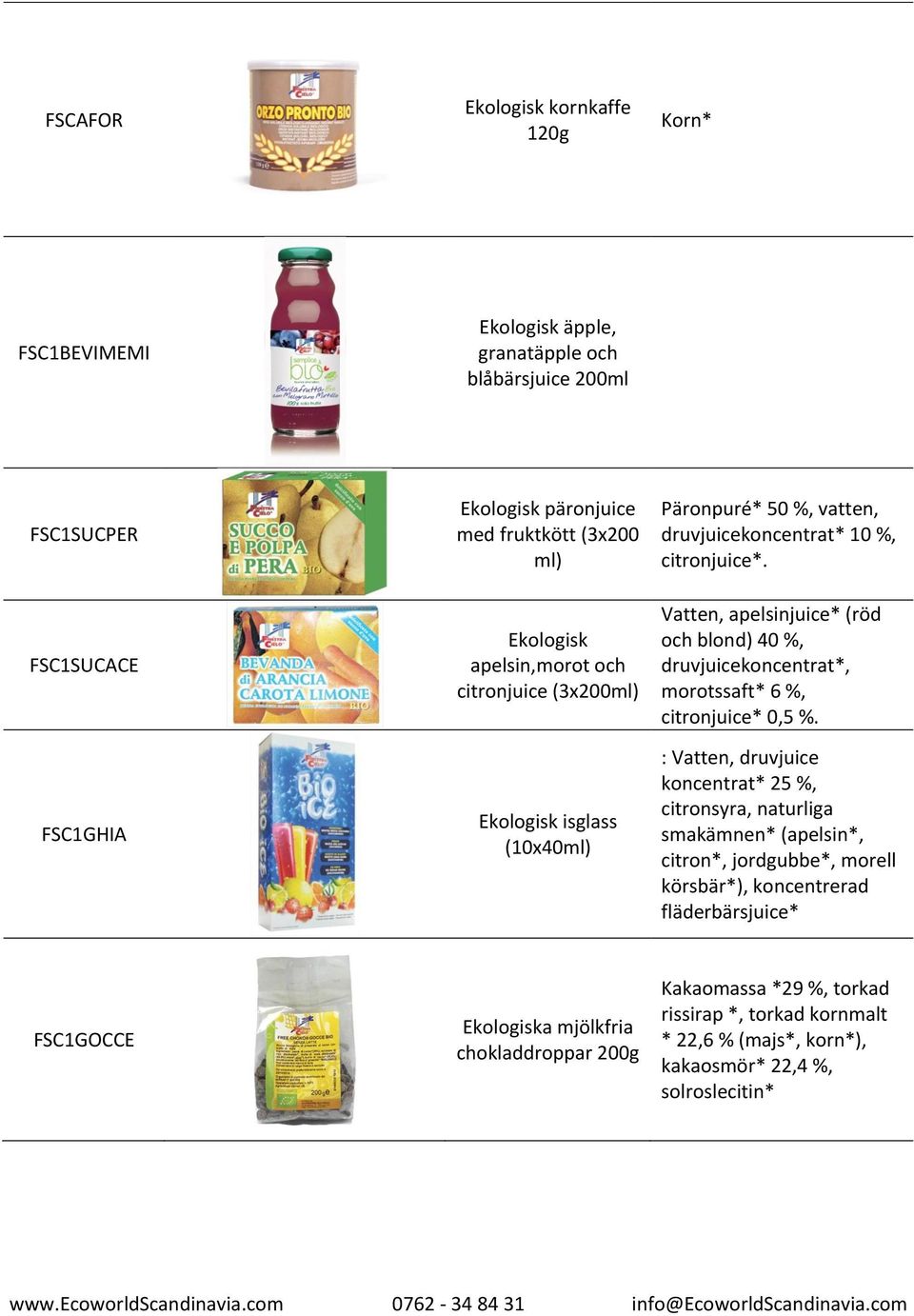 Vatten, apelsinjuice* (röd och blond) 40 %, druvjuicekoncentrat*, morotssaft* 6 %, citronjuice* 0,5 %.