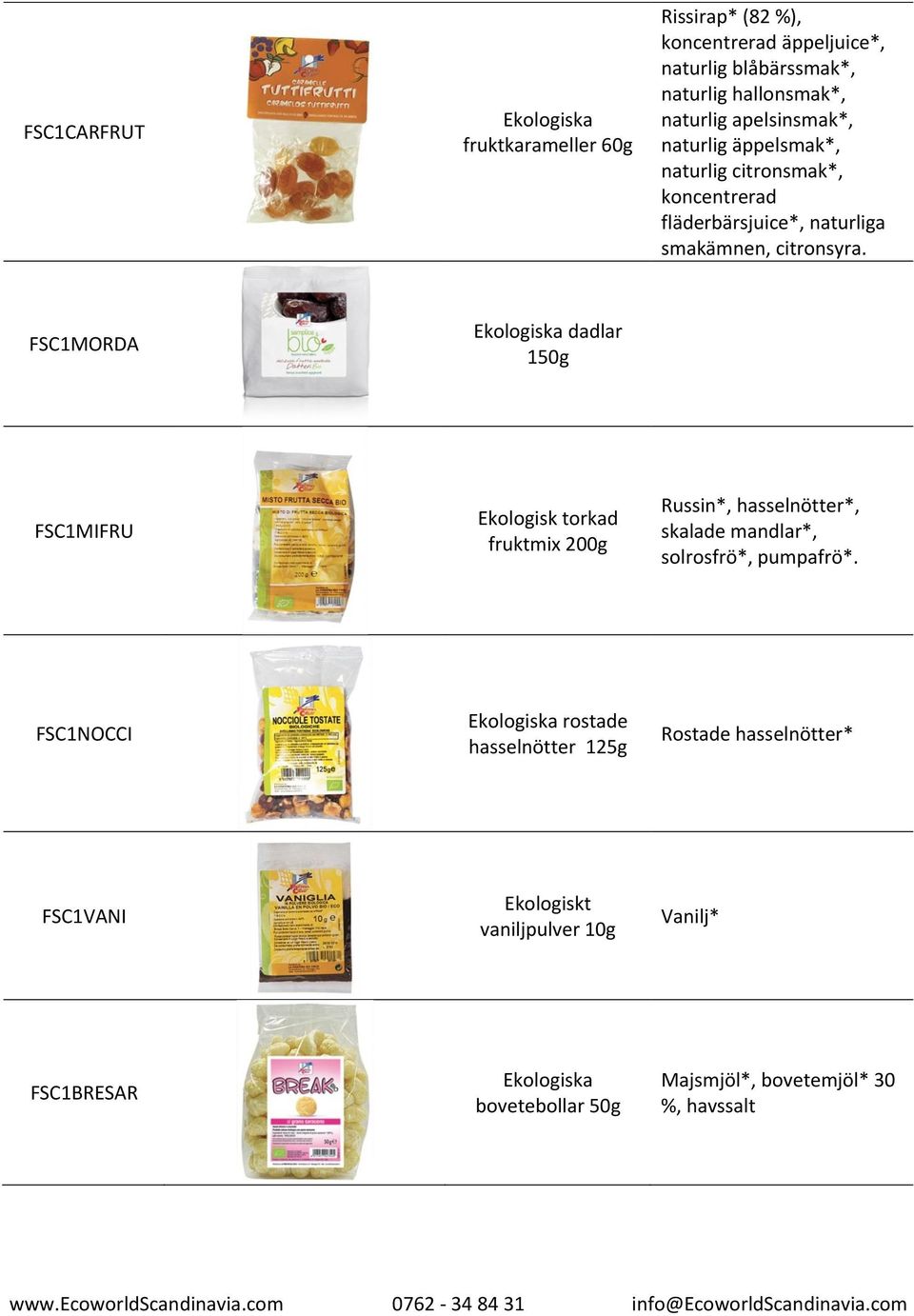 FSC1MORDA a dadlar 150g FSC1MIFRU torkad fruktmix 200g Russin*, hasselnötter*, skalade mandlar*, solrosfrö*, pumpafrö*.