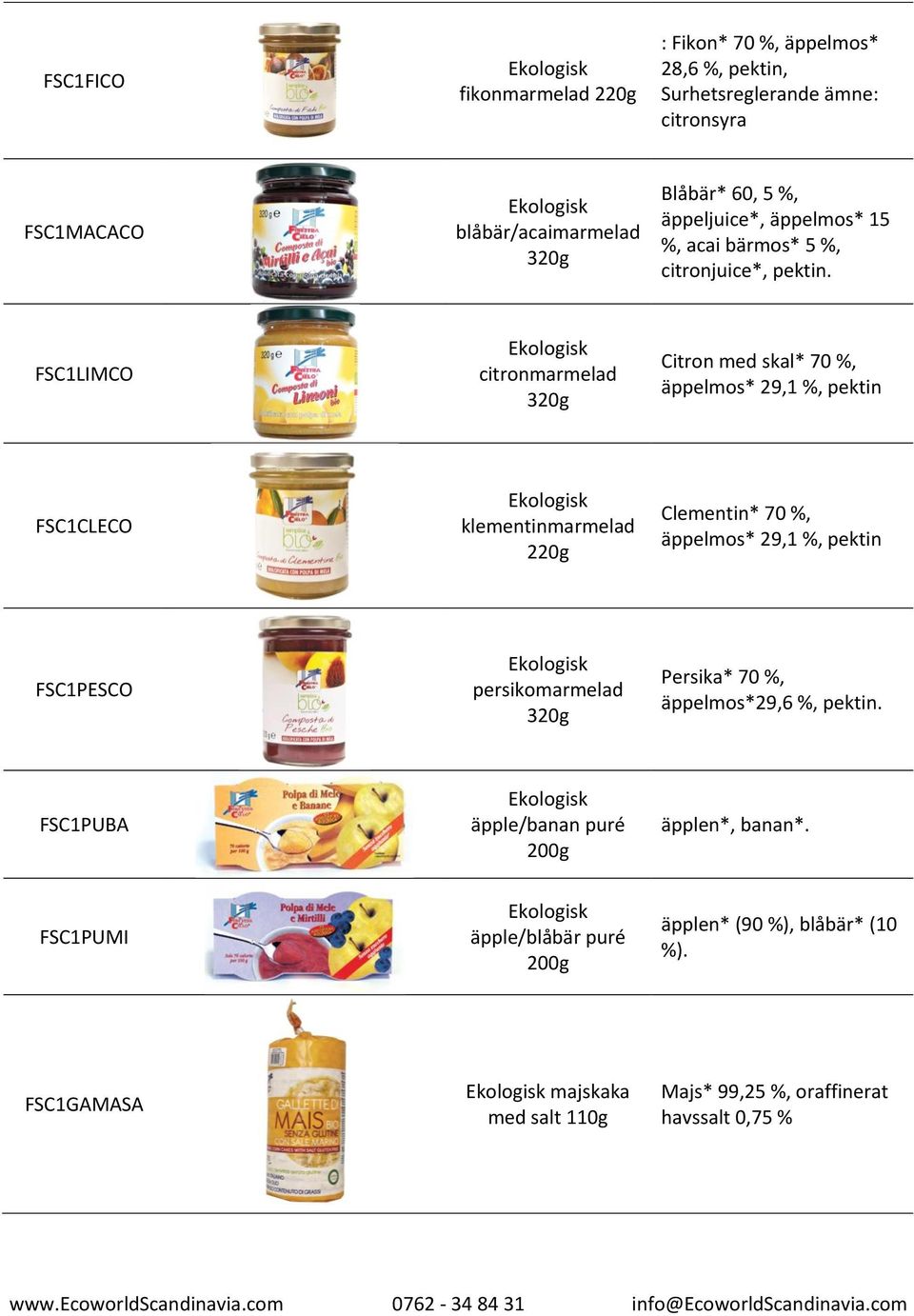 FSC1LIMCO citronmarmelad 320g Citron med skal* 70 %, äppelmos* 29,1 %, pektin FSC1CLECO klementinmarmelad 220g Clementin* 70 %, äppelmos* 29,1 %, pektin