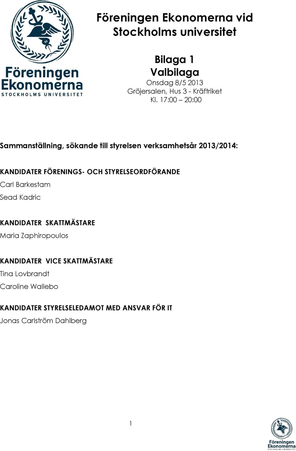 17:00 20:00 Sammanställning, sökande till styrelsen verksamhetsår 2013/2014: KANDIDATER FÖRENINGS- OCH