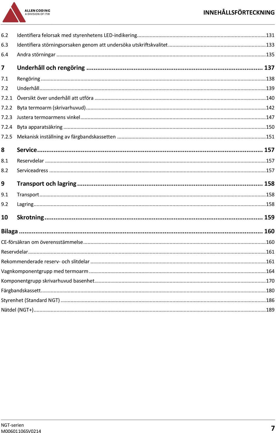 .. 147 7.2.4 Byta apparatsäkring... 150 7.2.5 Mekanisk inställning av färgbandskassetten... 151 8 Service... 157 8.1 Reservdelar... 157 8.2 Serviceadress... 157 9 Transport och lagring... 158 9.