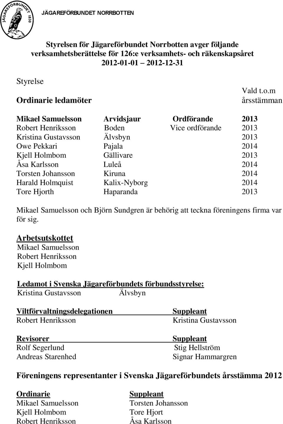 2013 Robert Henriksson Boden Vice ordförande 2013 Kristina Gustavsson Älvsbyn 2013 Owe Pekkari Pajala 2014 Kjell Holmbom Gällivare 2013 Åsa Karlsson Luleå 2014 Torsten Johansson Kiruna 2014 Harald