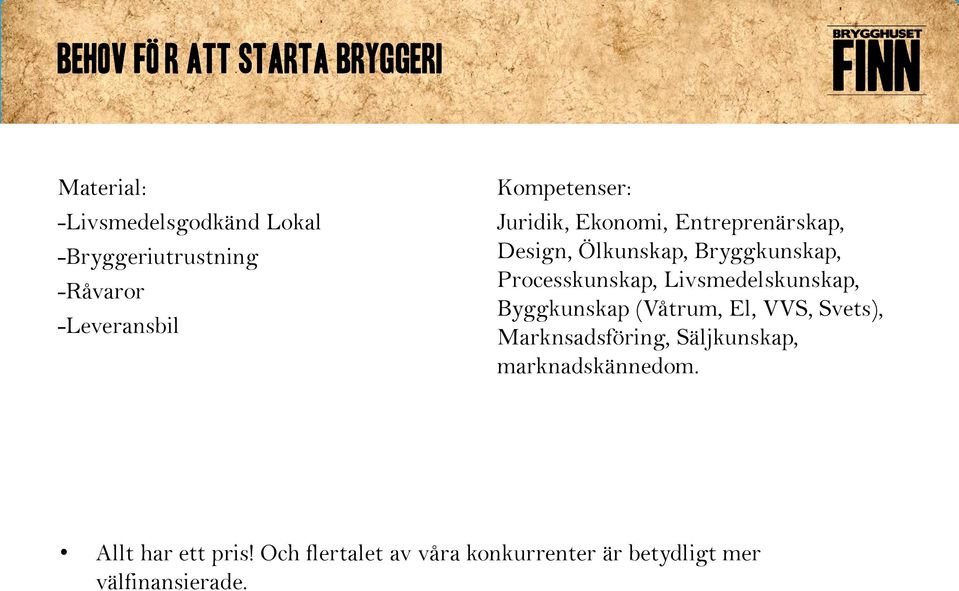 Processkunskap, Livsmedelskunskap, Byggkunskap (Våtrum, El, VVS, Svets), Marknsadsföring,