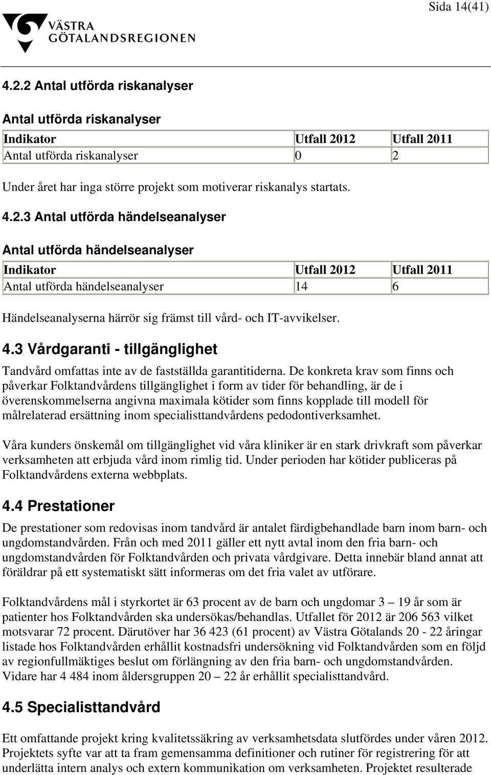 Antal utförda händelseanalyser Antal utförda händelseanalyser Indikator Utfall 2012 Utfall 2011 Antal utförda händelseanalyser 14 6 Händelseanalyserna härrör sig främst till vård- och IT-avvikelser.