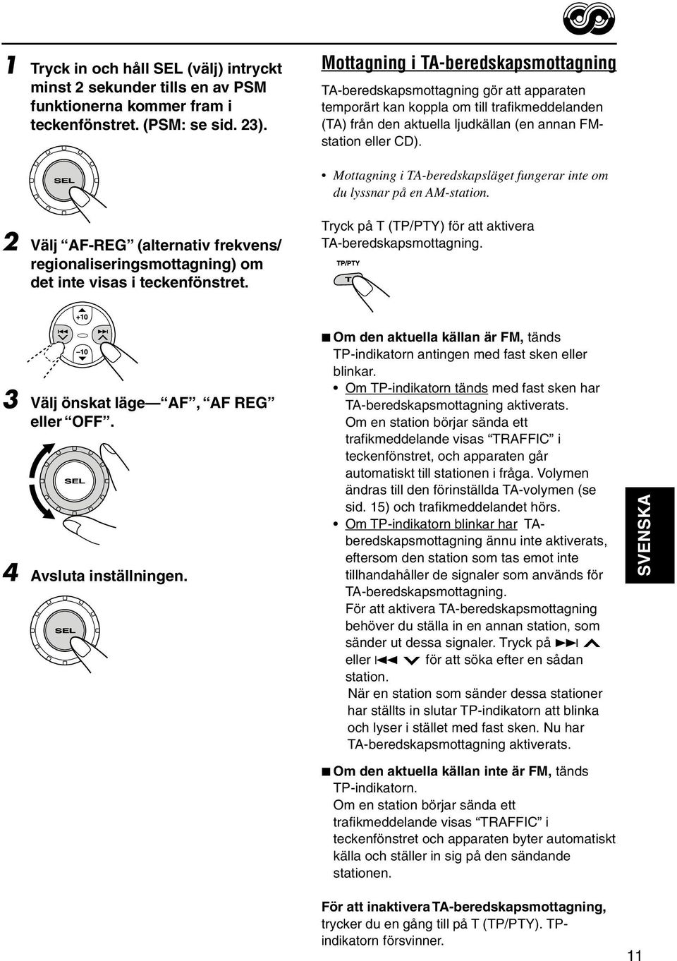 Mottagning i TA-beredskapsläget fungerar inte om du lyssnar på en AM-station. 2 Välj AF-REG (alternativ frekvens/ regionaliseringsmottagning) om det inte visas i teckenfönstret.