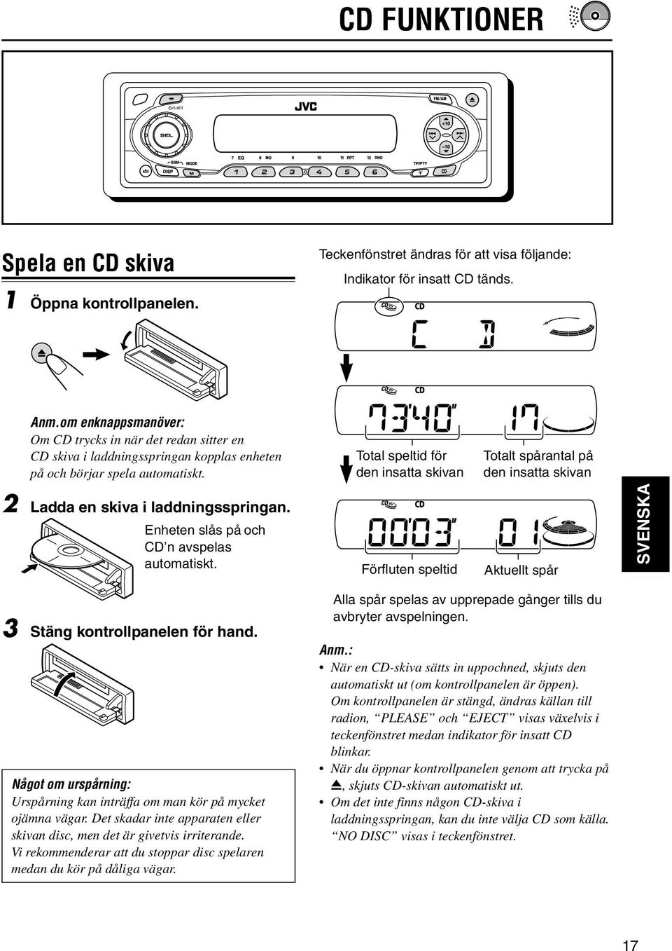 Total speltid för den insatta skivan Totalt spårantal på den insatta skivan 2 Ladda en skiva i laddningsspringan. Enheten slås på och CD n avspelas automatiskt.