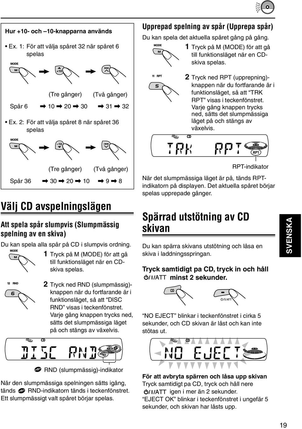 1 Tryck på M (MODE) för att gå till funktionsläget när en CDskiva spelas. 2 Tryck ned RPT (upprepning)- knappen när du fortfarande är i funktionsläget, så att TRK RPT visas i teckenfönstret.