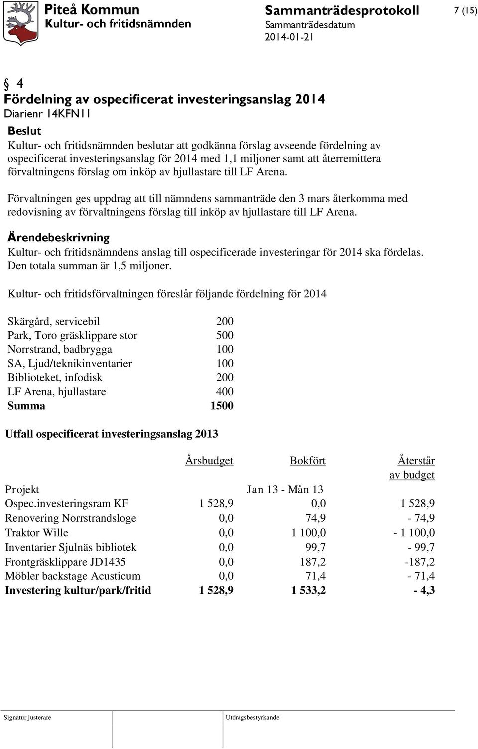 Förvaltningen ges uppdrag att till nämndens sammanträde den 3 mars återkomma med redovisning av förvaltningens förslag till inköp av hjullastare till LF Arena.