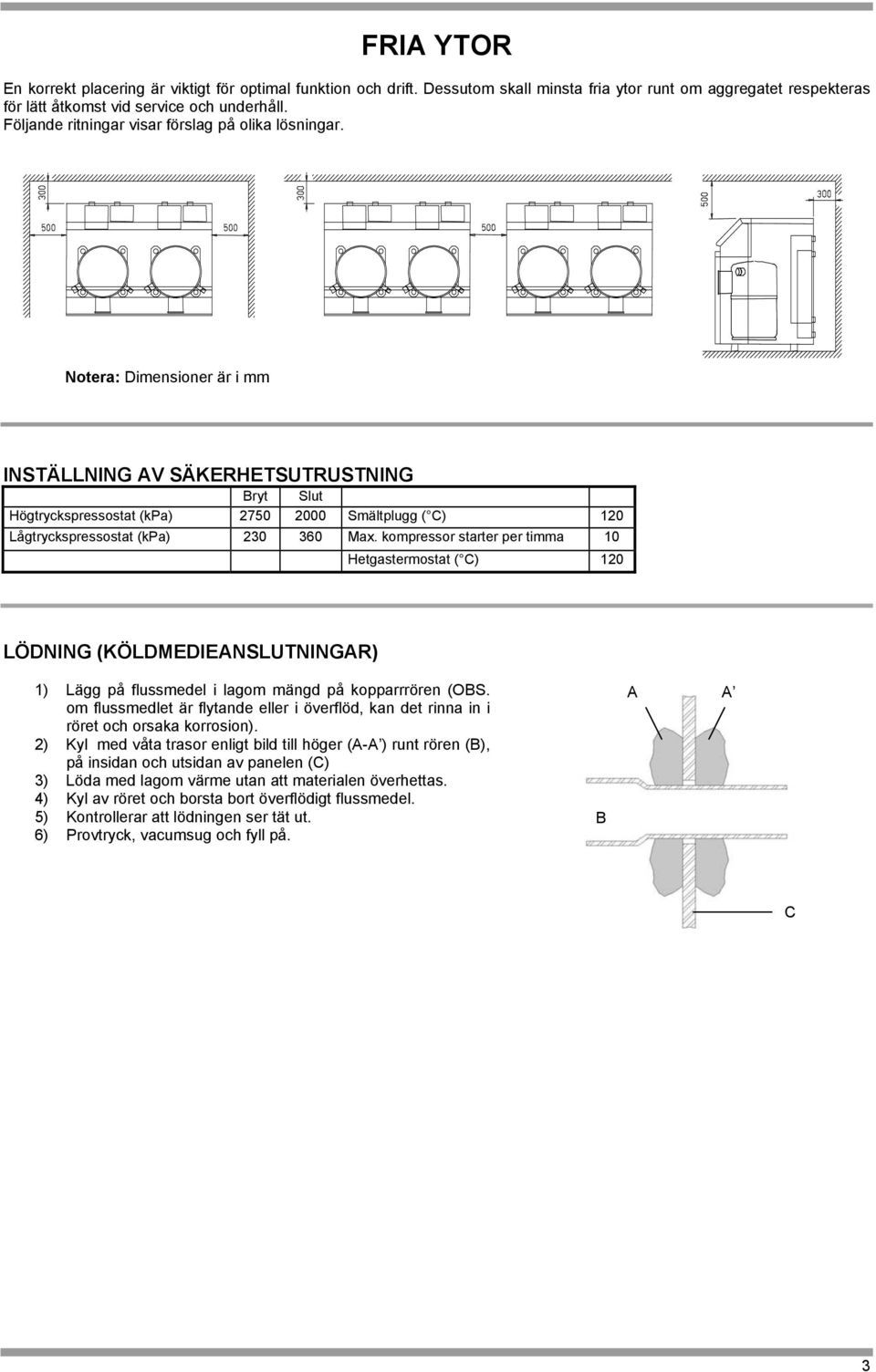 Notera: Dimensioner är i mm INSTÄLLNING AV SÄKERHETSUTRUSTNING Bryt Slut Högtryckspressostat (kpa) 2750 2000 Smältplugg ( C) 120 Lågtryckspressostat (kpa) 230 360 Max.