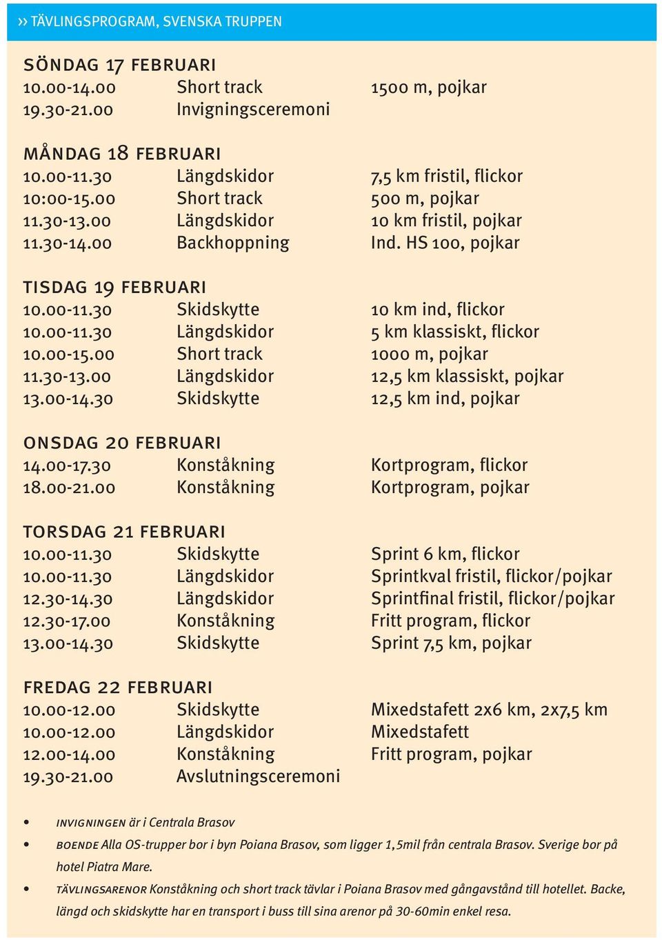 30 Skidskytte 10 km ind, flickor 10.00-11.30 Längdskidor 5 km klassiskt, flickor 10.00-15.00 Short track 1000 m, pojkar 11.30-13.00 Längdskidor 12,5 km klassiskt, pojkar 13.00-14.