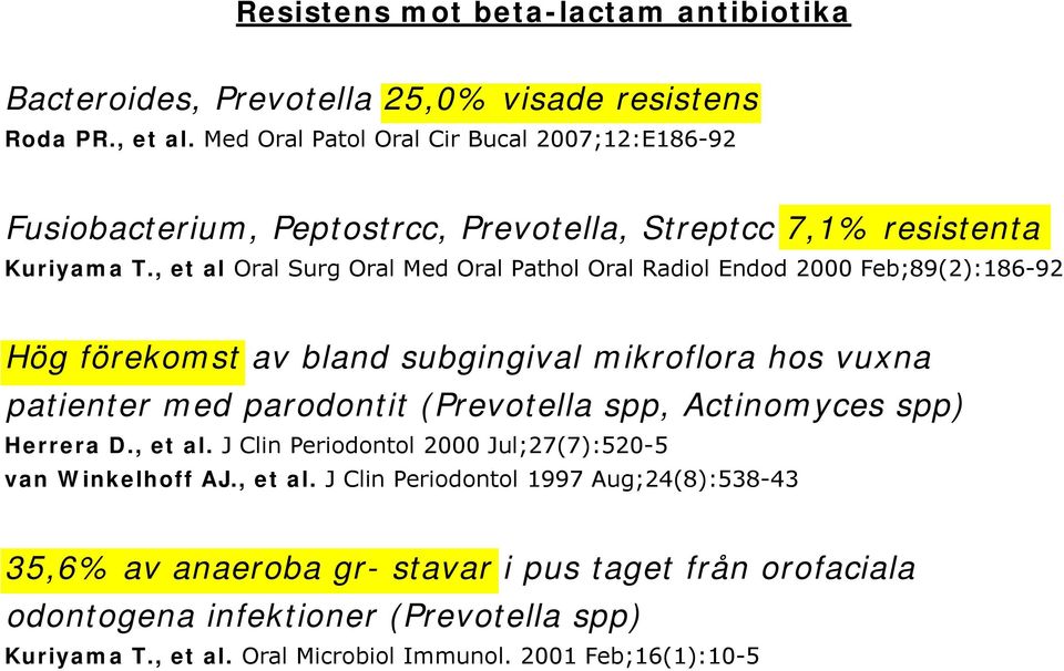 , et al Oral Surg Oral Med Oral Pathol Oral Radiol Endod 2000 Feb;89(2):186-92 Hög förekomst av bland subgingival mikroflora hos vuxna patienter med parodontit (Prevotella spp,