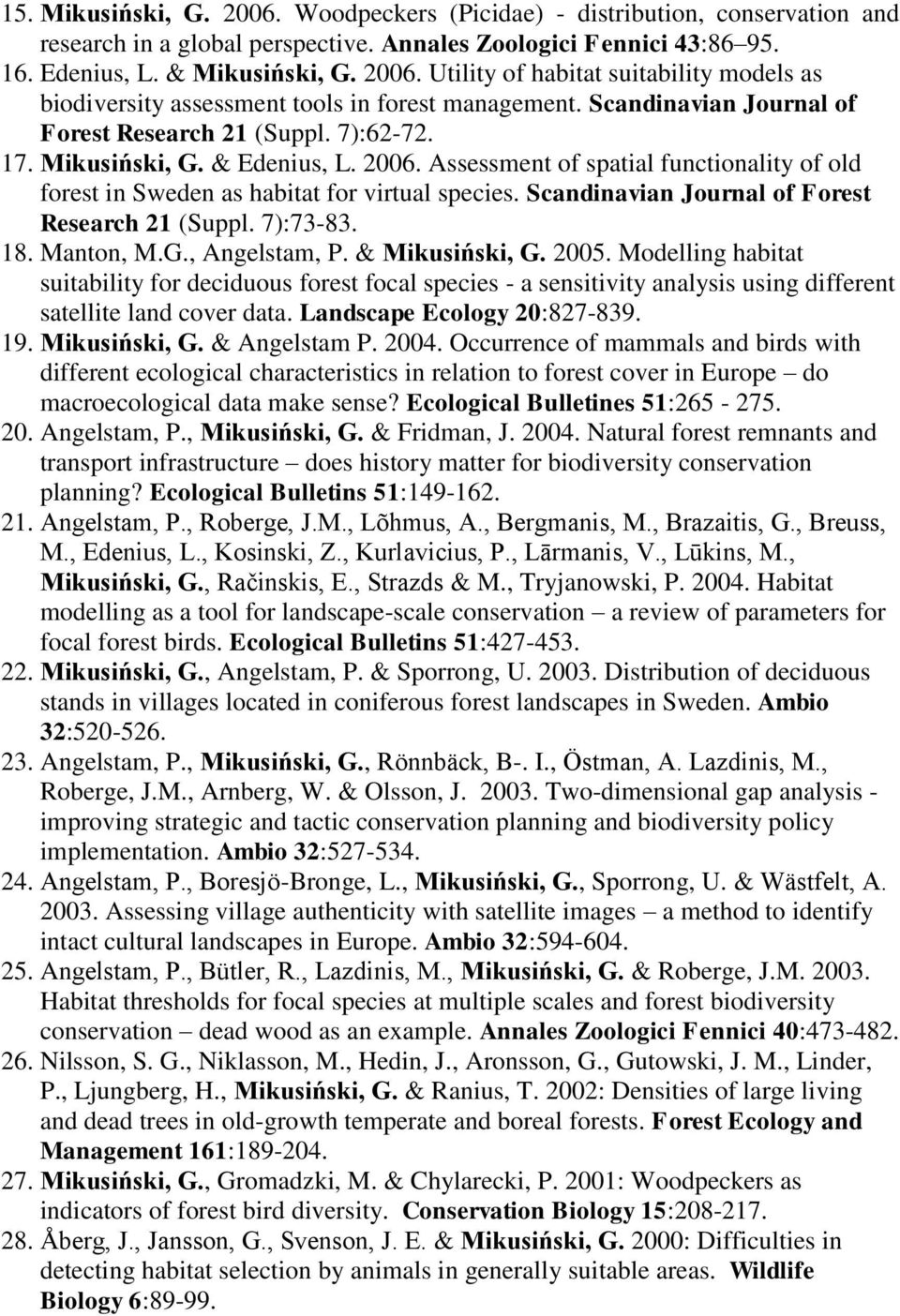 Scandinavian Journal of Forest Research 21 (Suppl. 7):73-83. 18. Manton, M.G., Angelstam, P. & Mikusiński, G. 2005.