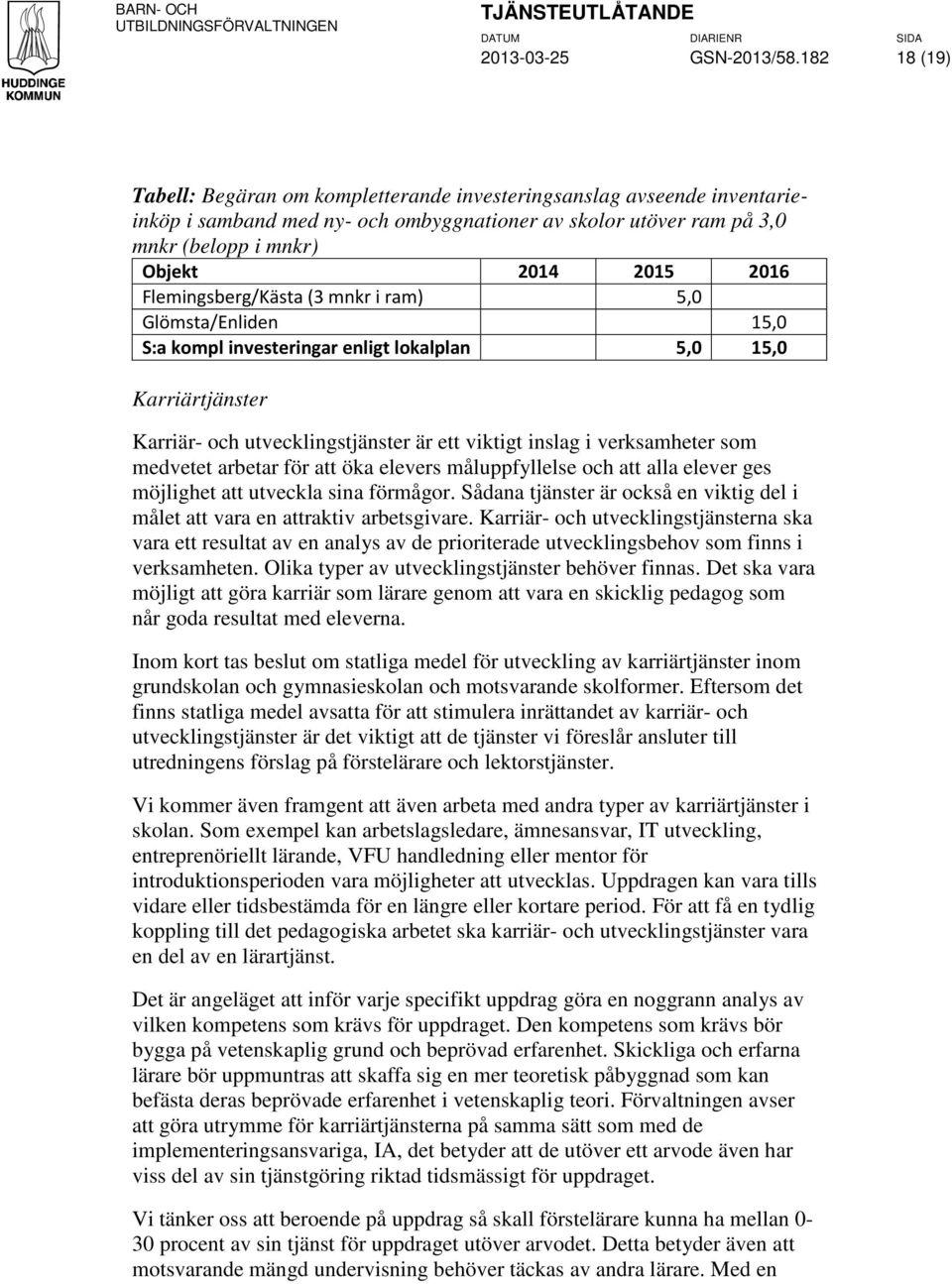 Flemingsberg/Kästa (3 mnkr i ram) 5,0 Glömsta/Enliden 15,0 S:a kompl investeringar enligt lokalplan 5,0 15,0 Karriärtjänster Karriär- och utvecklingstjänster är ett viktigt inslag i verksamheter som