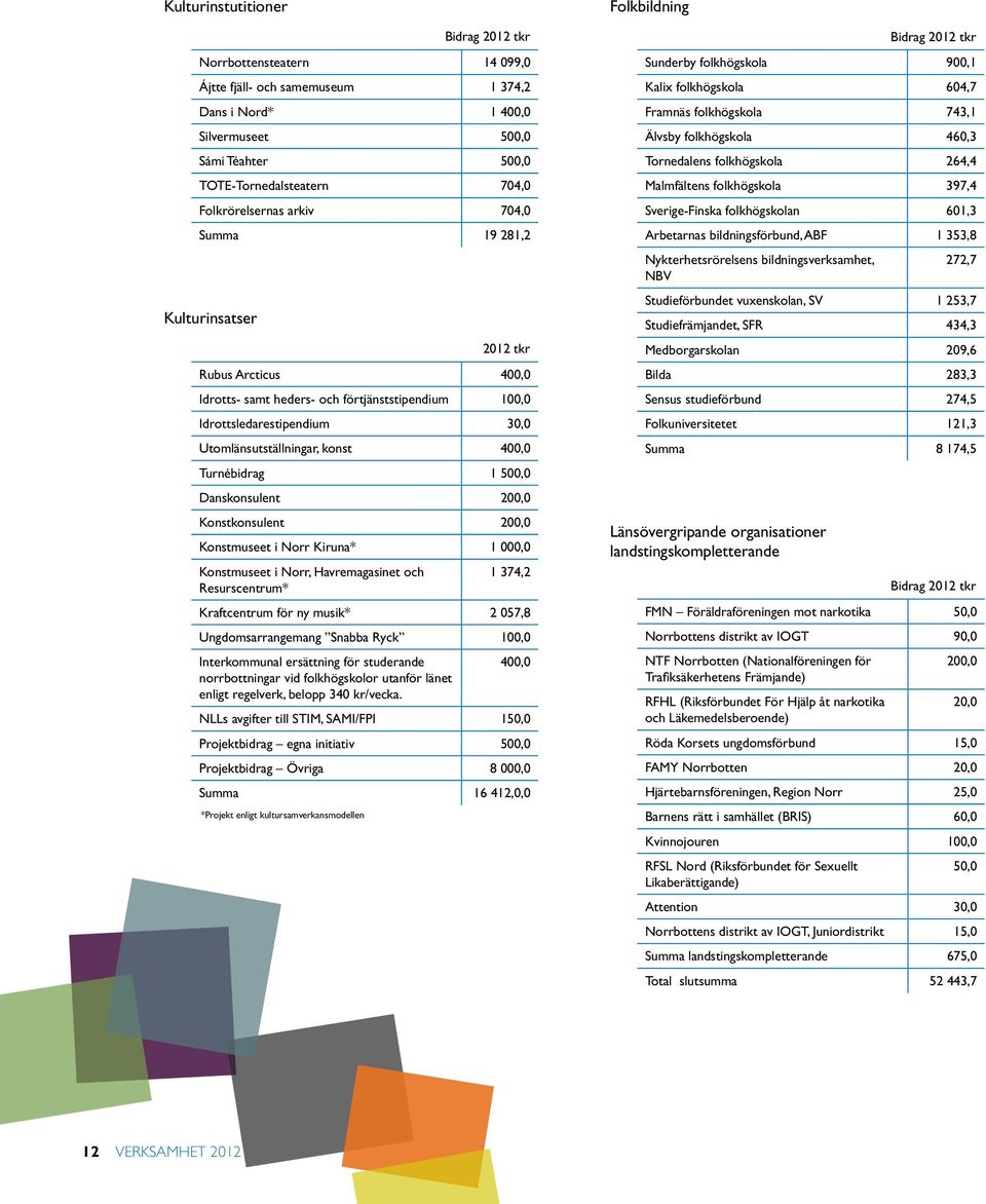 500,0 Danskonsulent 200,0 Konstkonsulent 200,0 Konstmuseet i Norr Kiruna* 1 000,0 Konstmuseet i Norr, Havremagasinet och Resurscentrum* 1 374,2 Kraftcentrum för ny musik* 2 057,8 Ungdomsarrangemang