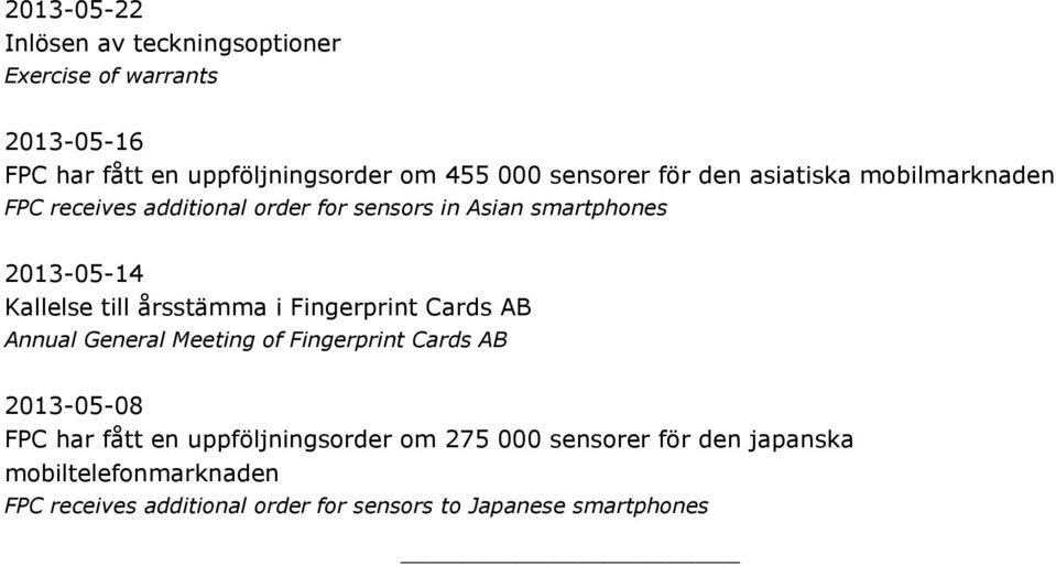 Kallelse till årsstämma i Fingerprint Cards AB Annual General Meeting of Fingerprint Cards AB 2013-05-08 FPC har fått en