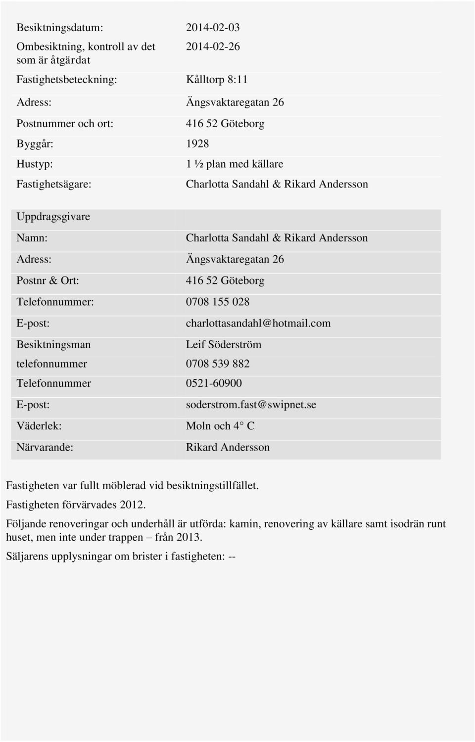 Göteborg Telefonnummer: 0708 155 028 E-post: Besiktningsman telefonnummer charlottasandahl@hotmail.com Leif Söderström 0708 539 882 Telefonnummer 0521-60900 E-post: Väderlek: Närvarande: soderstrom.