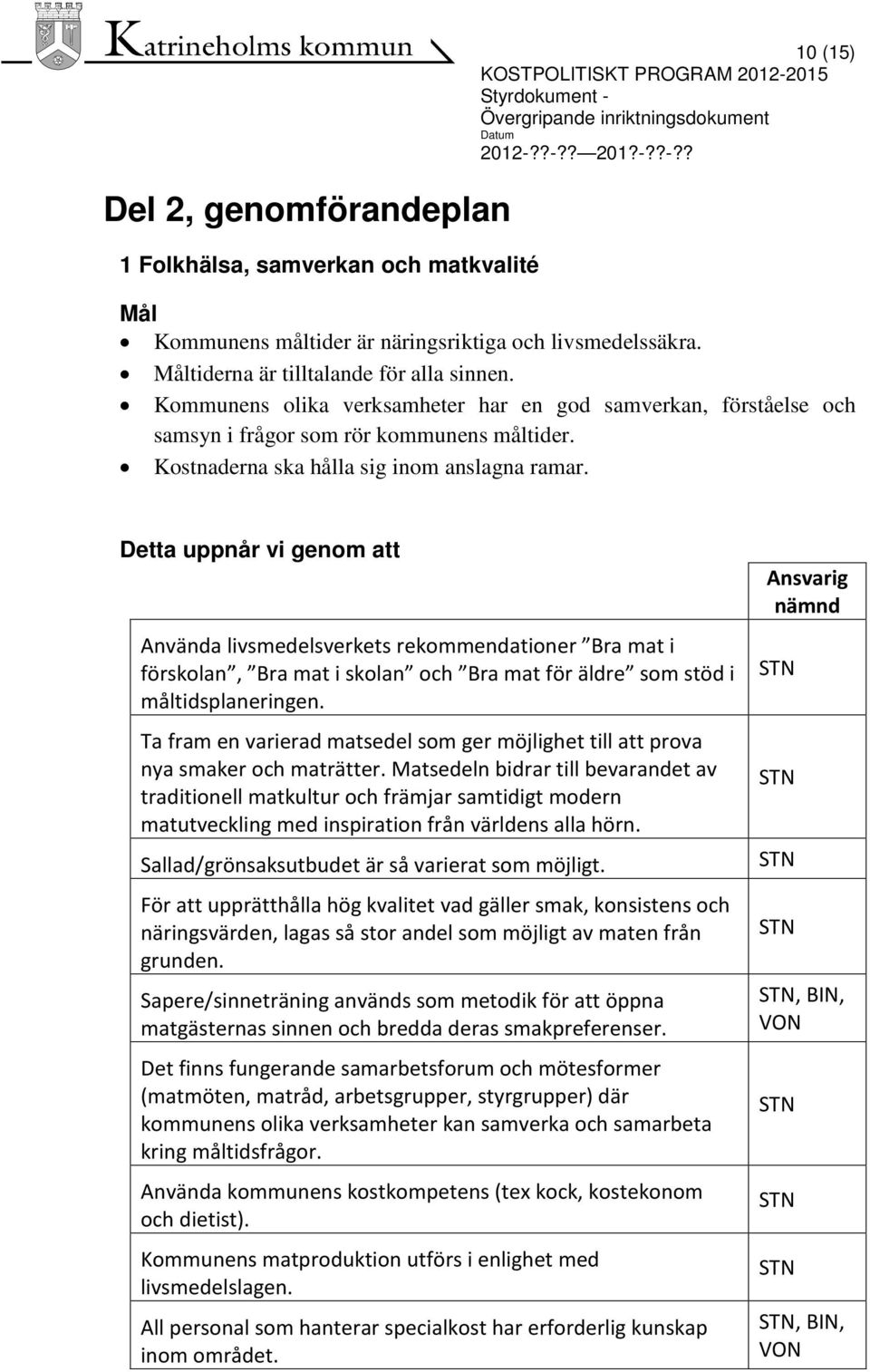 Detta uppnår vi genom att Använda livsmedelsverkets rekommendationer Bra mat i förskolan, Bra mat i skolan och Bra mat för äldre som stöd i måltidsplaneringen.