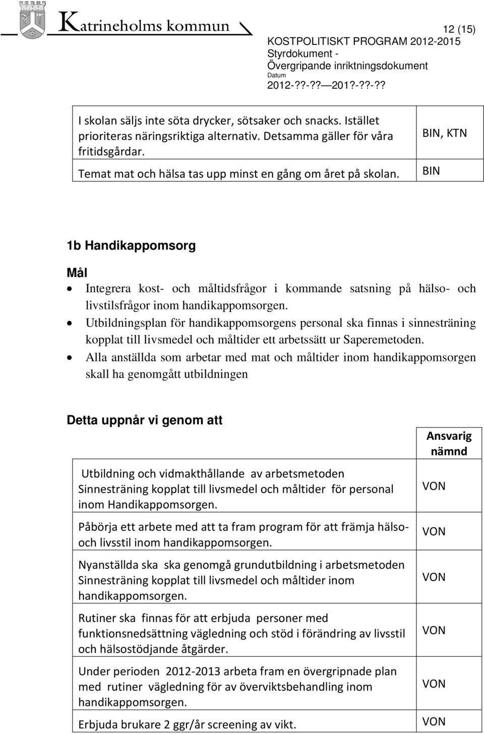 Utbildningsplan för handikappomsorgens personal ska finnas i sinnesträning kopplat till livsmedel och måltider ett arbetssätt ur Saperemetoden.