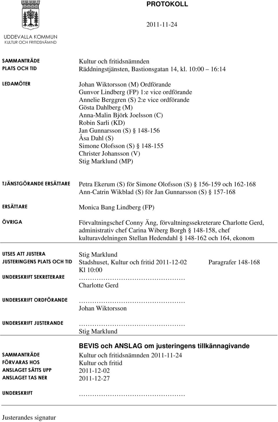 (KD) Jan Gunnarsson (S) 148-156 Åsa Dahl (S) Simone Olofsson (S) 148-155 Christer Johansson (V) Stig Marklund (MP) TJÄNSTGÖRANDE ERSÄTTARE Petra Ekerum (S) för Simone Olofsson (S) 156-159 och 162-168