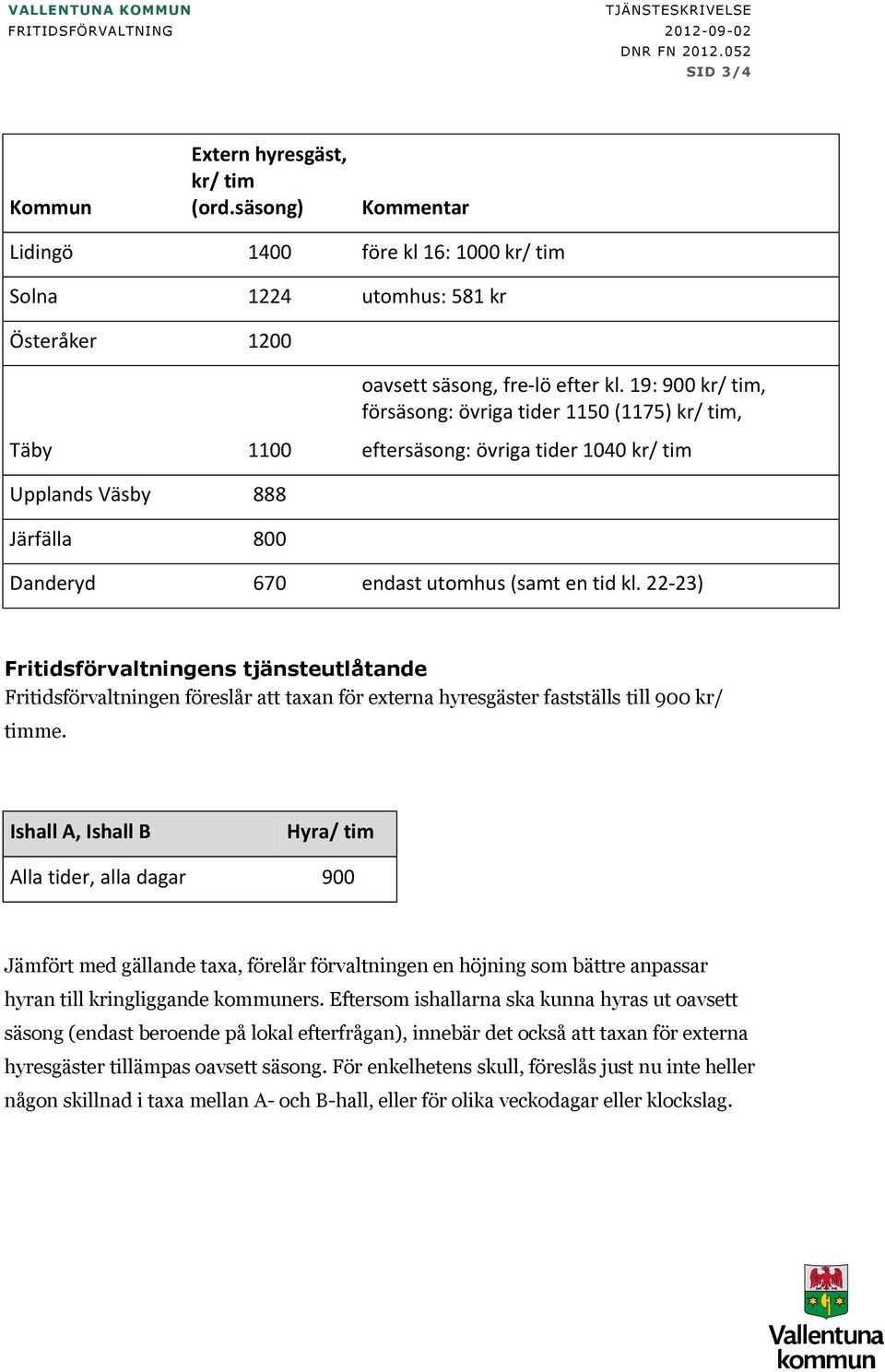 22-23) Fritidsförvaltningens tjänsteutlåtande Fritidsförvaltningen föreslår att taxan för externa hyresgäster fastställs till 900 kr/ timme.