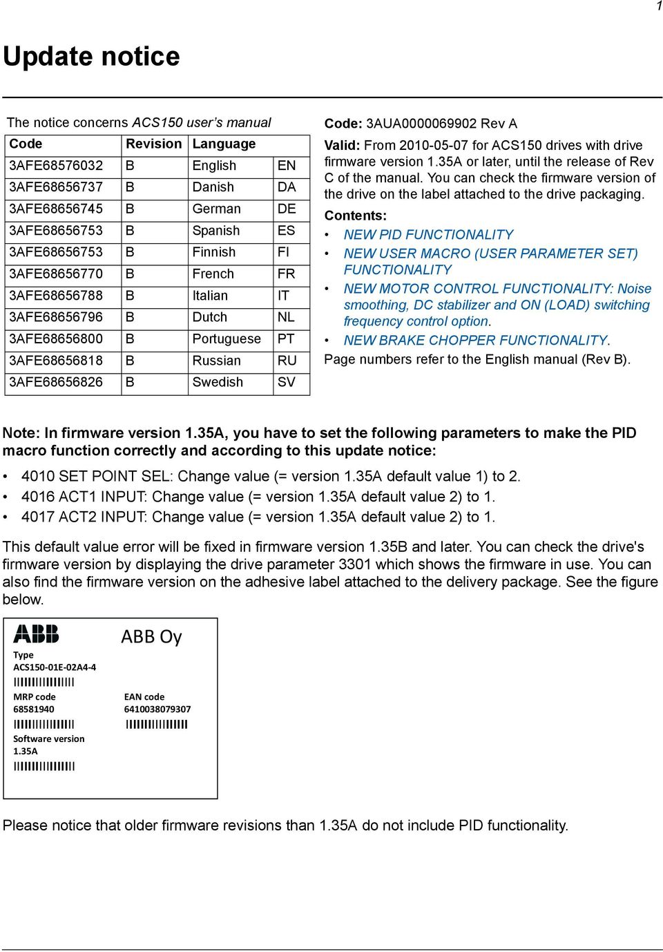 Valid: From 2010-05-07 for ACS150 drives with drive firmware version 1.35A or later, until the release of Rev C of the manual.