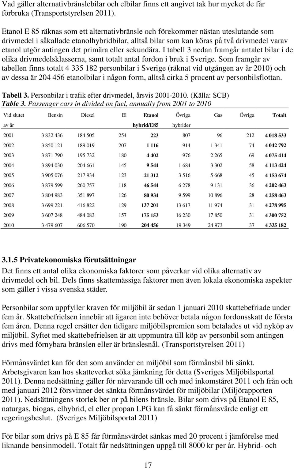 primära eller sekundära. I tabell 3 nedan framgår antalet bilar i de olika drivmedelsklasserna, samt totalt antal fordon i bruk i Sverige.