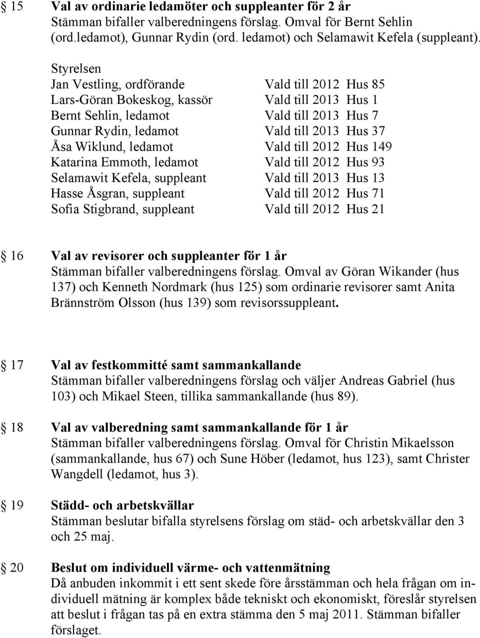 Wiklund, ledamot Vald till 2012 Hus 149 Katarina Emmoth, ledamot Vald till 2012 Hus 93 Selamawit Kefela, suppleant Vald till 2013 Hus 13 Hasse Åsgran, suppleant Vald till 2012 Hus 71 Sofia Stigbrand,