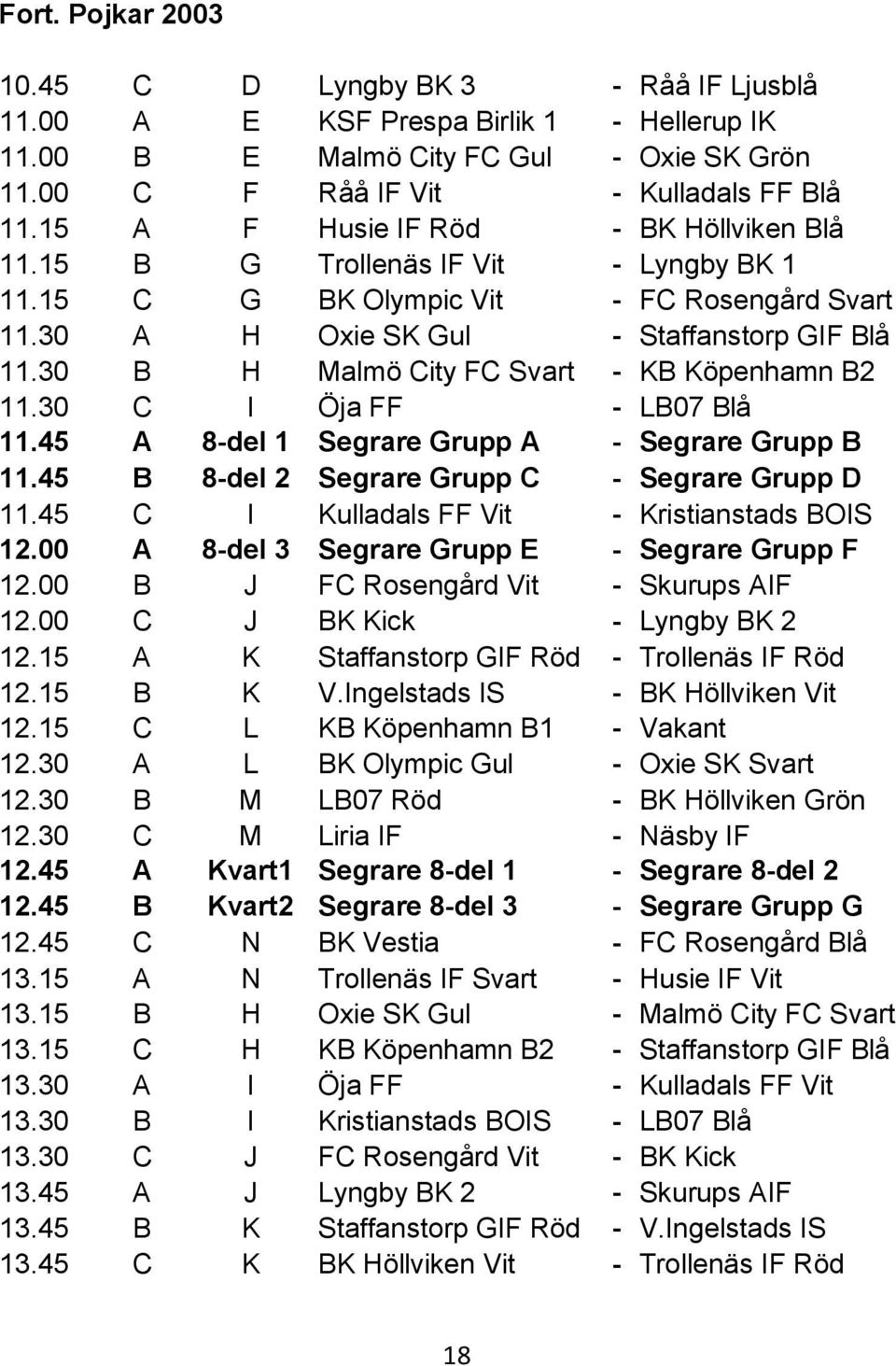 30 B H Malmö City FC Svart - KB Köpenhamn B2 11.30 C I Öja FF - LB07 Blå 11.45 A 8-del 1 Segrare Grupp A - Segrare Grupp B 11.45 B 8-del 2 Segrare Grupp C - Segrare Grupp D 11.