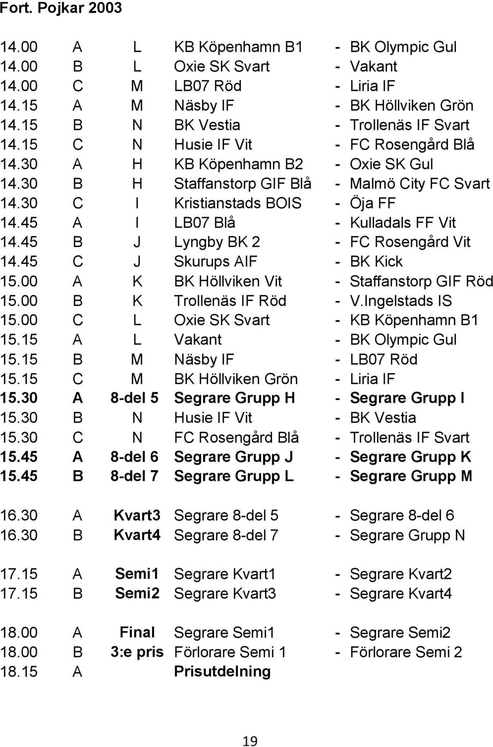 30 C I Kristianstads BOIS - Öja FF 14.45 A I LB07 Blå - Kulladals FF Vit 14.45 B J Lyngby BK 2 - FC Rosengård Vit 14.45 C J Skurups AIF - BK Kick 15.00 A K BK Höllviken Vit - Staffanstorp GIF Röd 15.