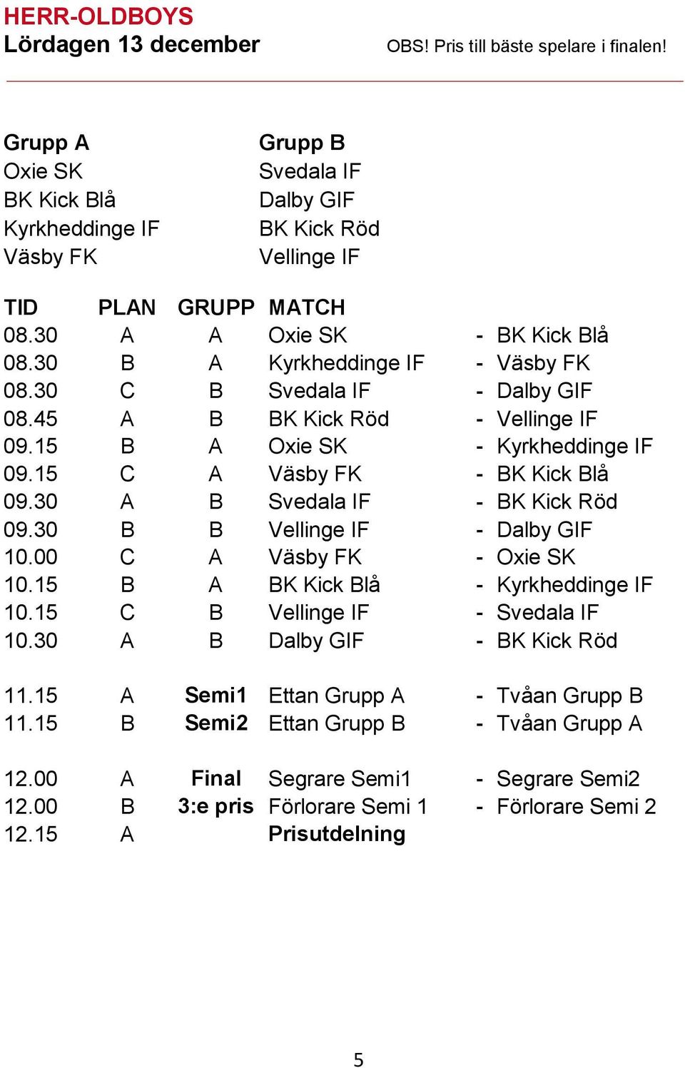30 C B Svedala IF - Dalby GIF 08.45 A B BK Kick Röd - Vellinge IF 09.15 B A Oxie SK - Kyrkheddinge IF 09.15 C A Väsby FK - BK Kick Blå 09.30 A B Svedala IF - BK Kick Röd 09.