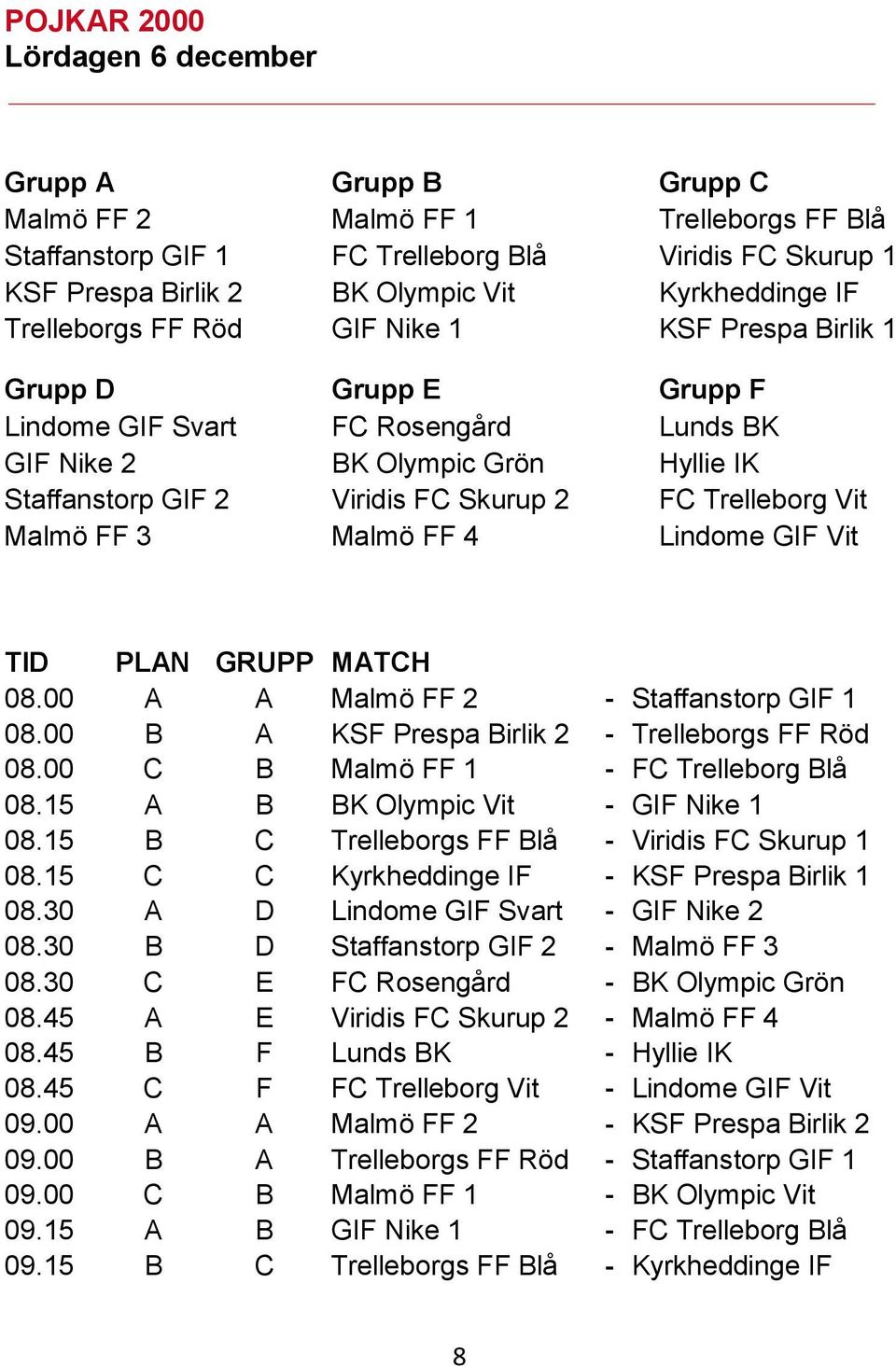 Skurup 2 FC Trelleborg Vit Malmö FF 3 Malmö FF 4 Lindome GIF Vit TID PLAN GRUPP MATCH 08.00 A A Malmö FF 2 - Staffanstorp GIF 1 08.00 B A KSF Prespa Birlik 2 - Trelleborgs FF Röd 08.