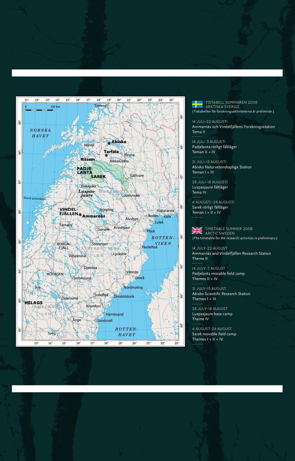 III 28 Juli 18 Augusti Luspasjaure fältläger Tema IV VINDEL- FJÄLLEN 4 Augusti 24 Augusti Sarek rörligt fältläger Teman I + II + IV Timetable Summer 2008 arctic sweden (The timetable for the research